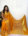 Musterd Hand Block Ajrakh Saree in Pure Modal Silk with Gharchola Border and Zari Detailing