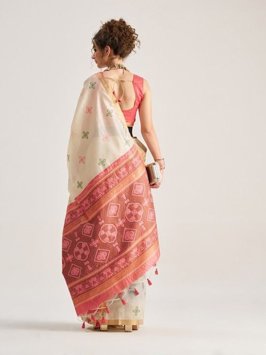 Butter Cream Patola Handloom Saree With Fancy Blouse