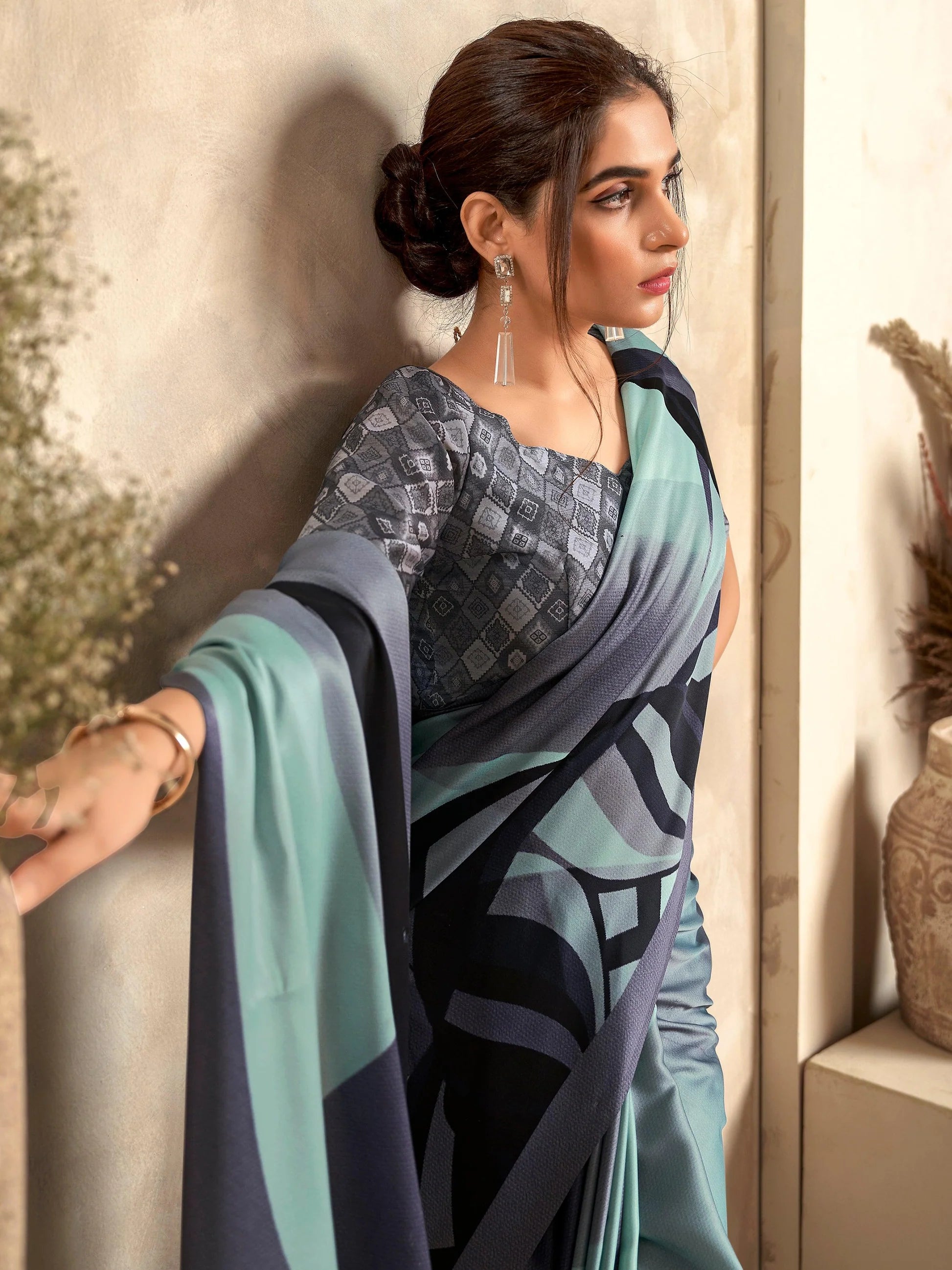 Aqua Blue Digital Printed Satin Silk Saree