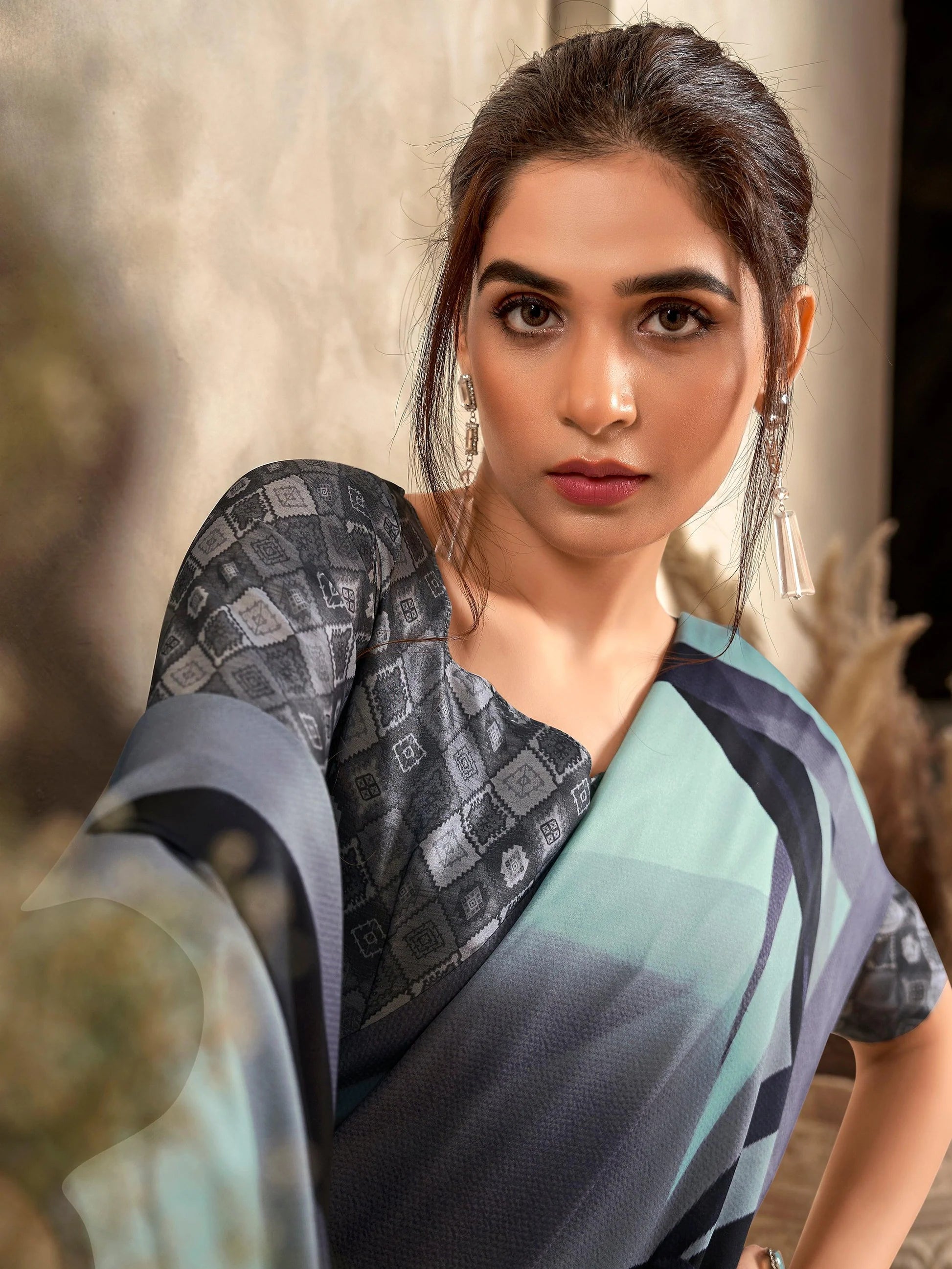 Aqua Blue Digital Printed Satin Silk Saree