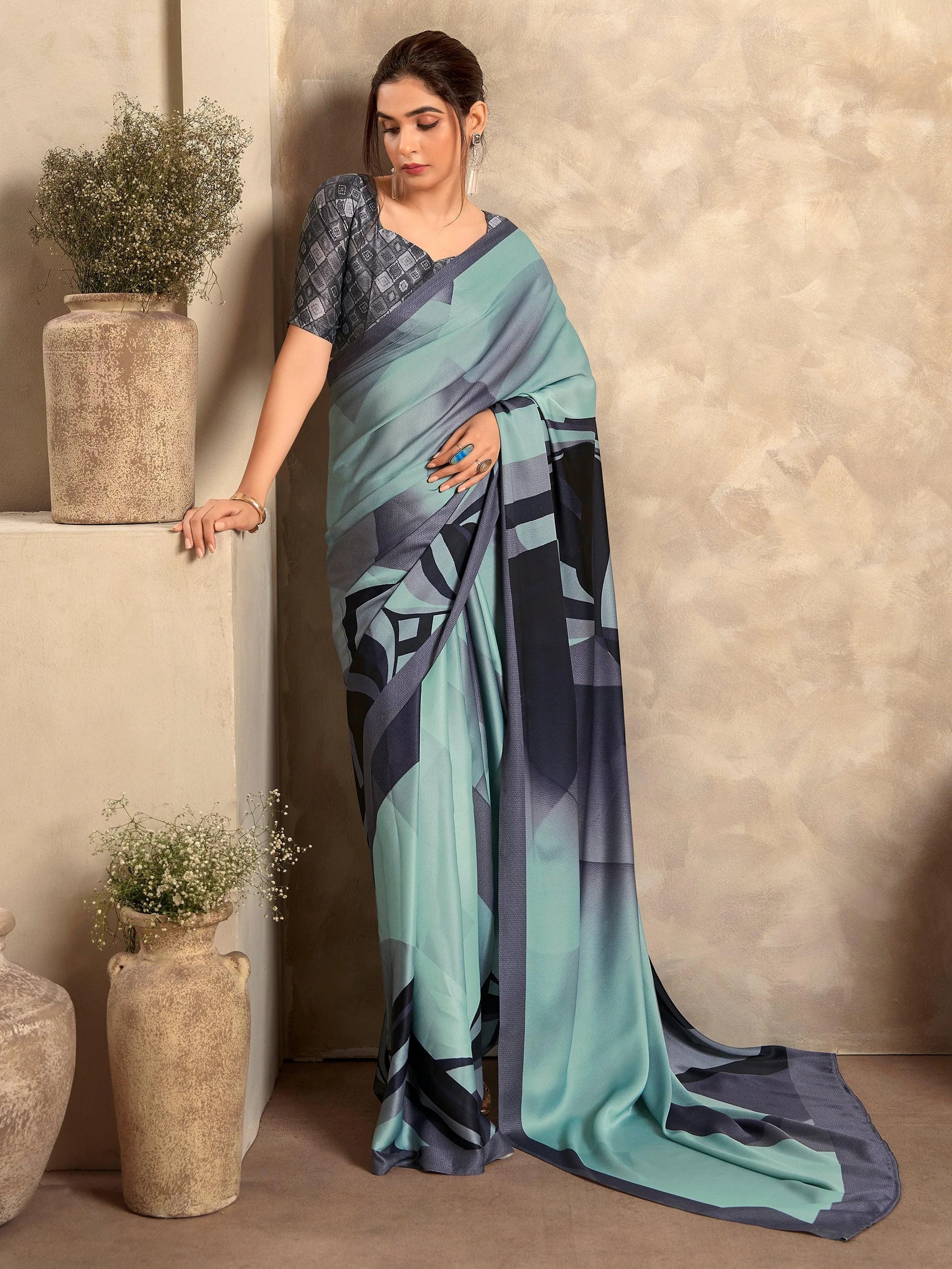 Aqua Blue Digital Printed Satin Silk Saree