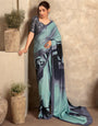 Aqua Blue Digital Printed Satin Silk Saree