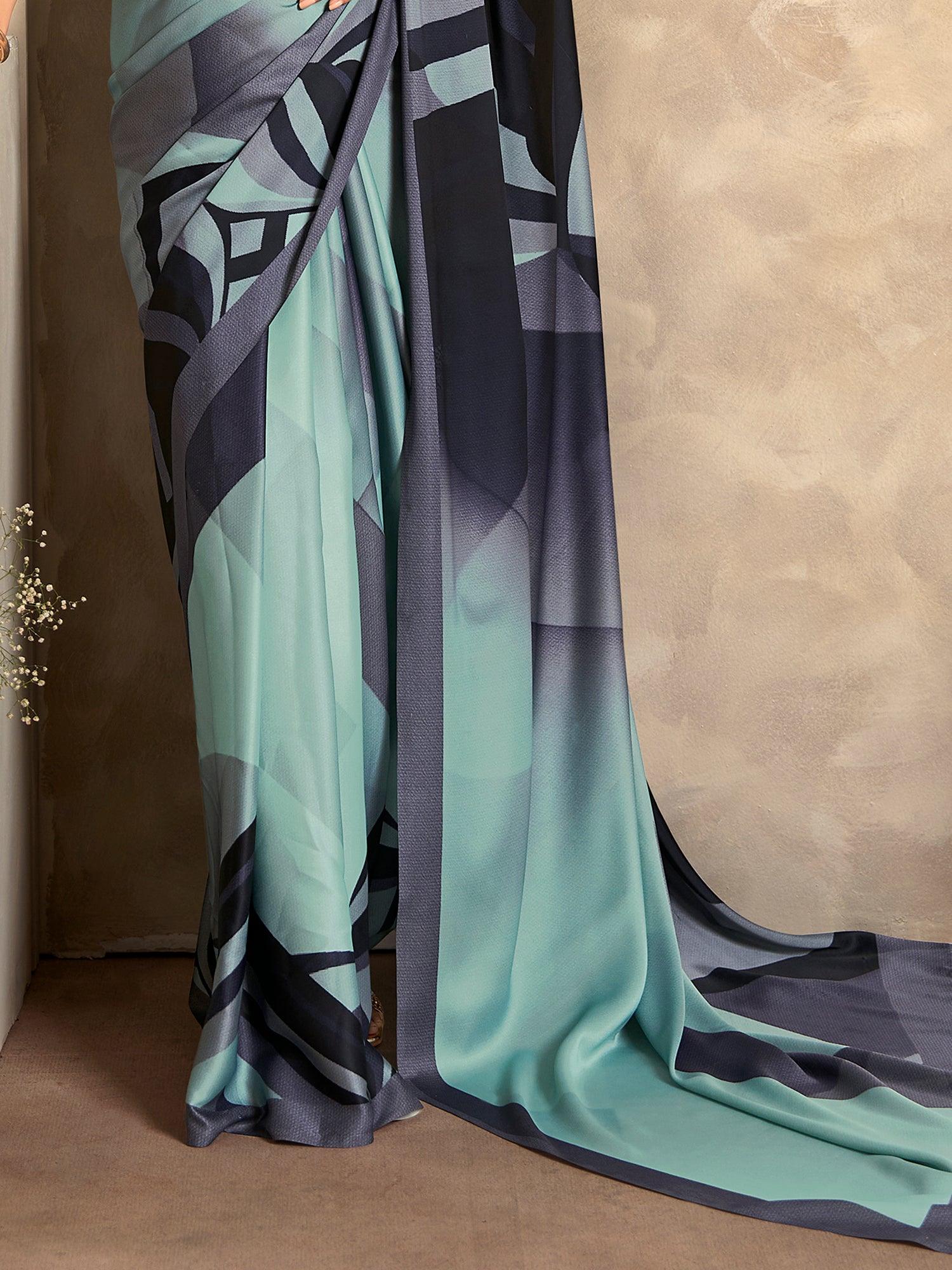 Aqua Blue Digital Printed Satin Silk Saree