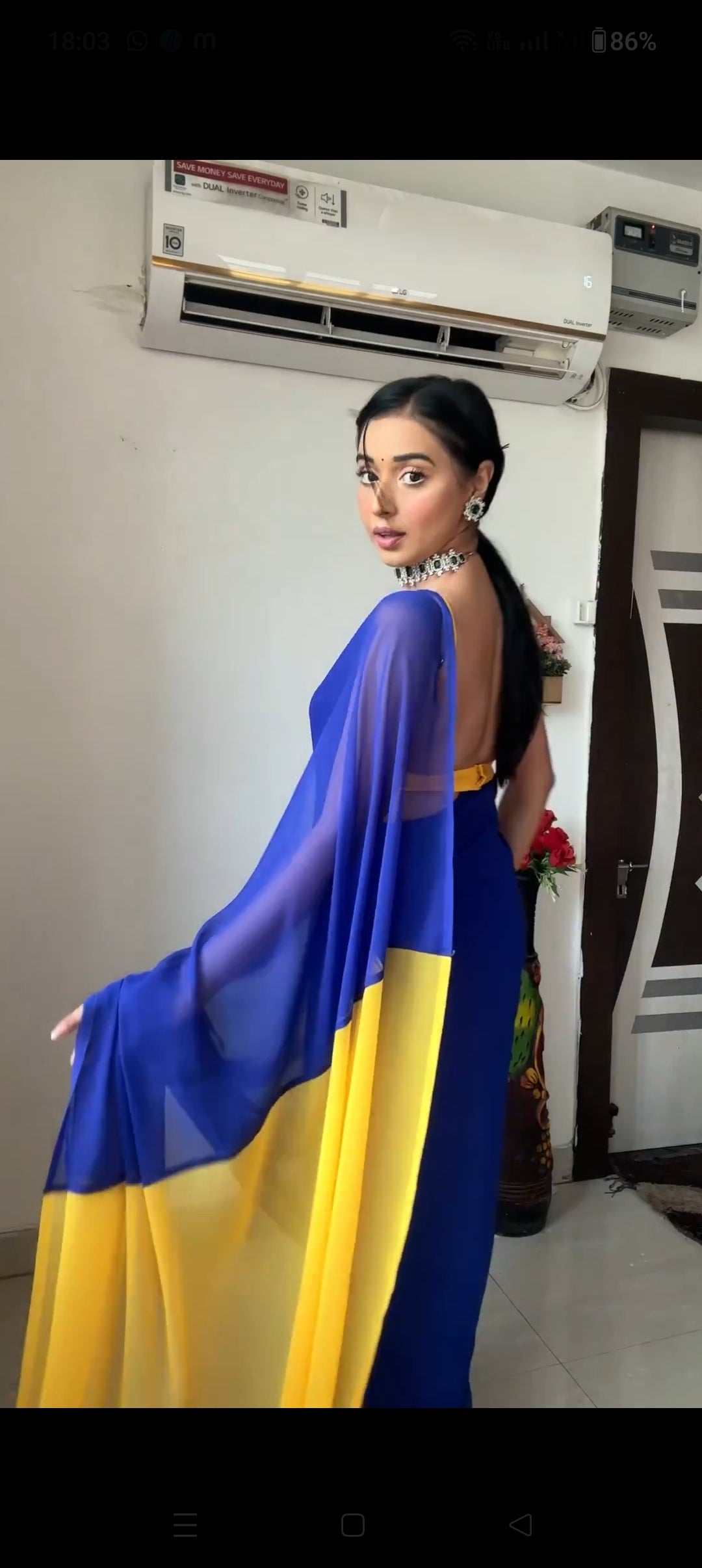 Amazing 1-Minute Ready To Wear Blue And Yellow Georgette Saree