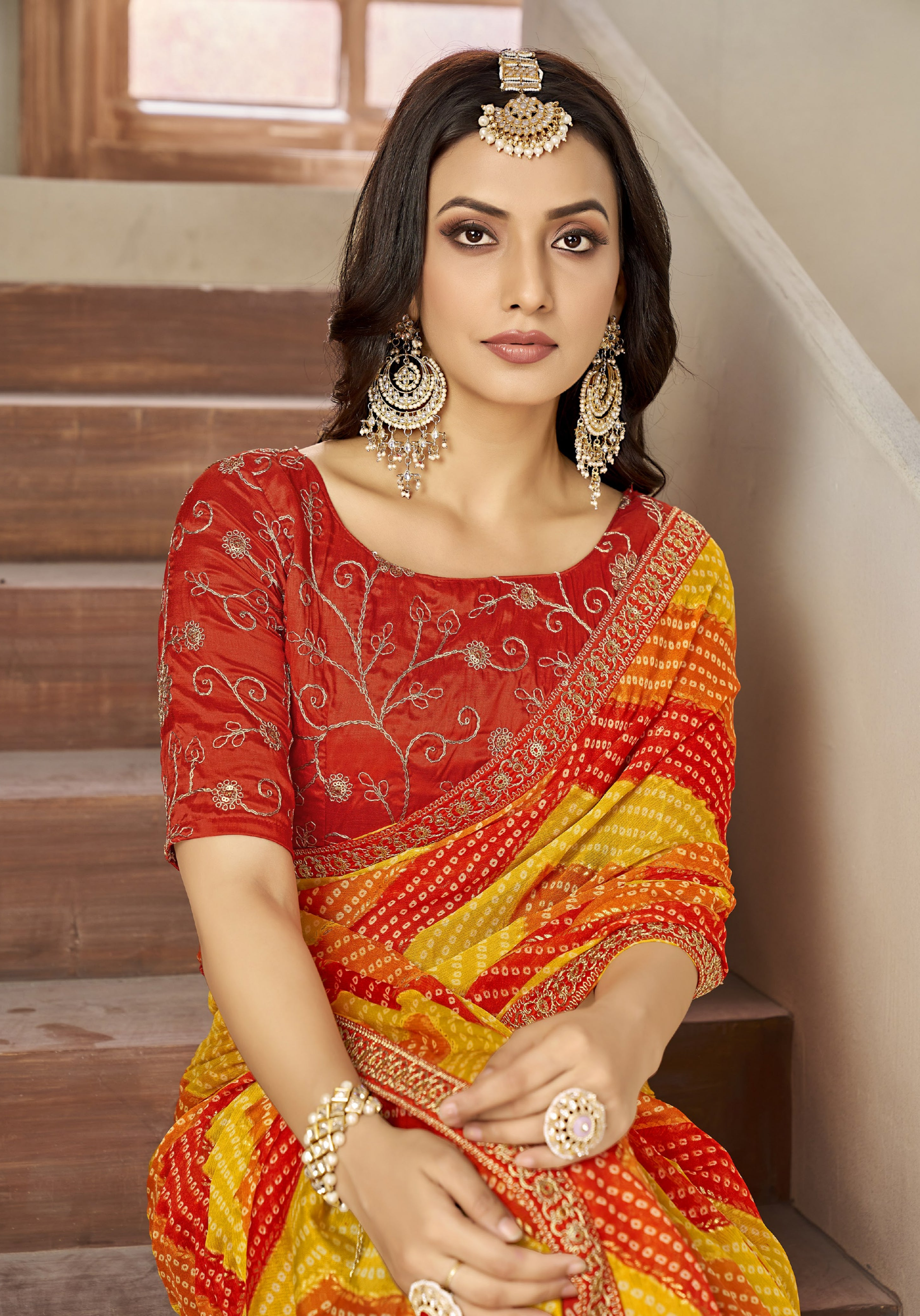 Red And Yellow Leriya Bandhani With Work Blouse