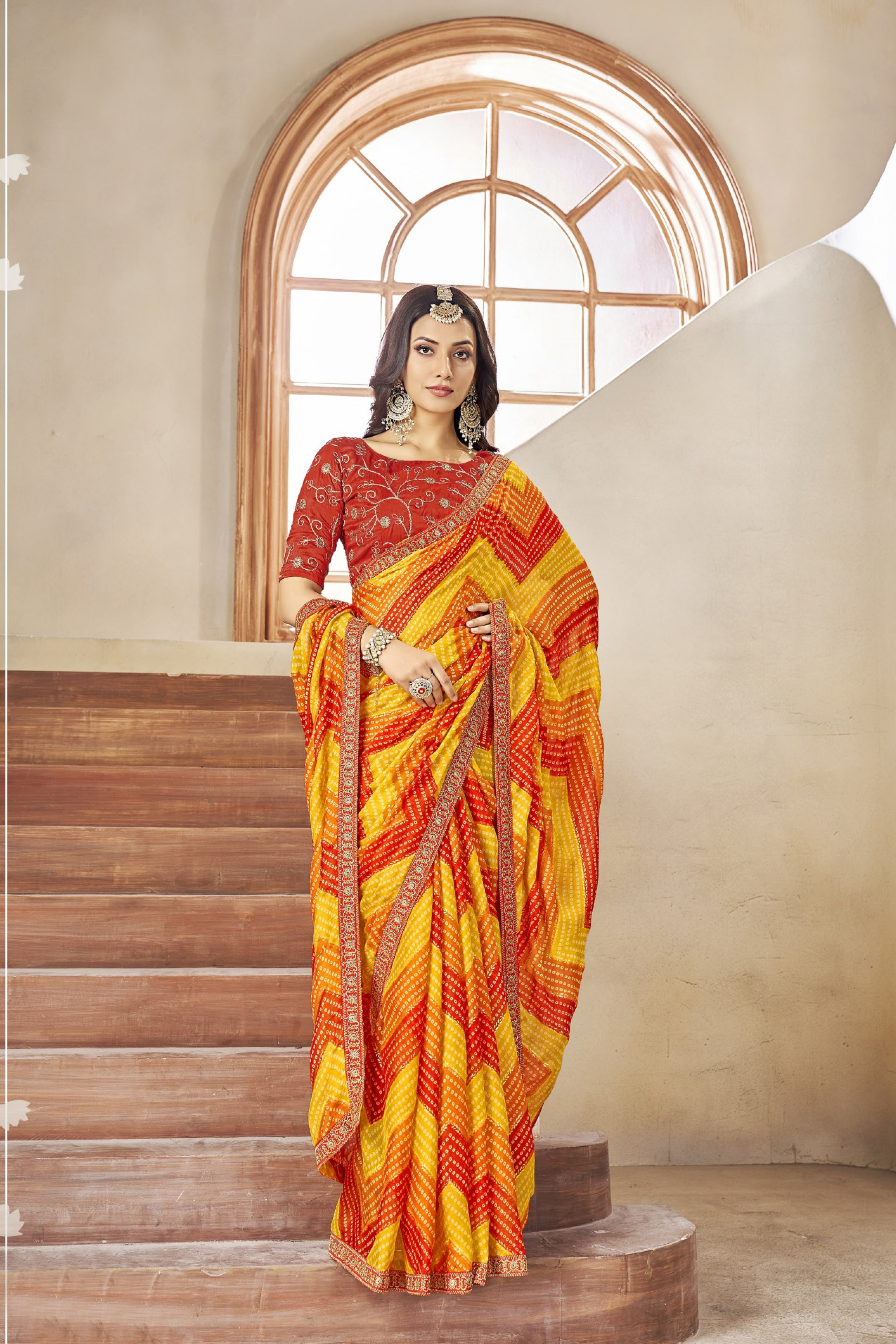 Red And Yellow Leriya Bandhani With Work Blouse