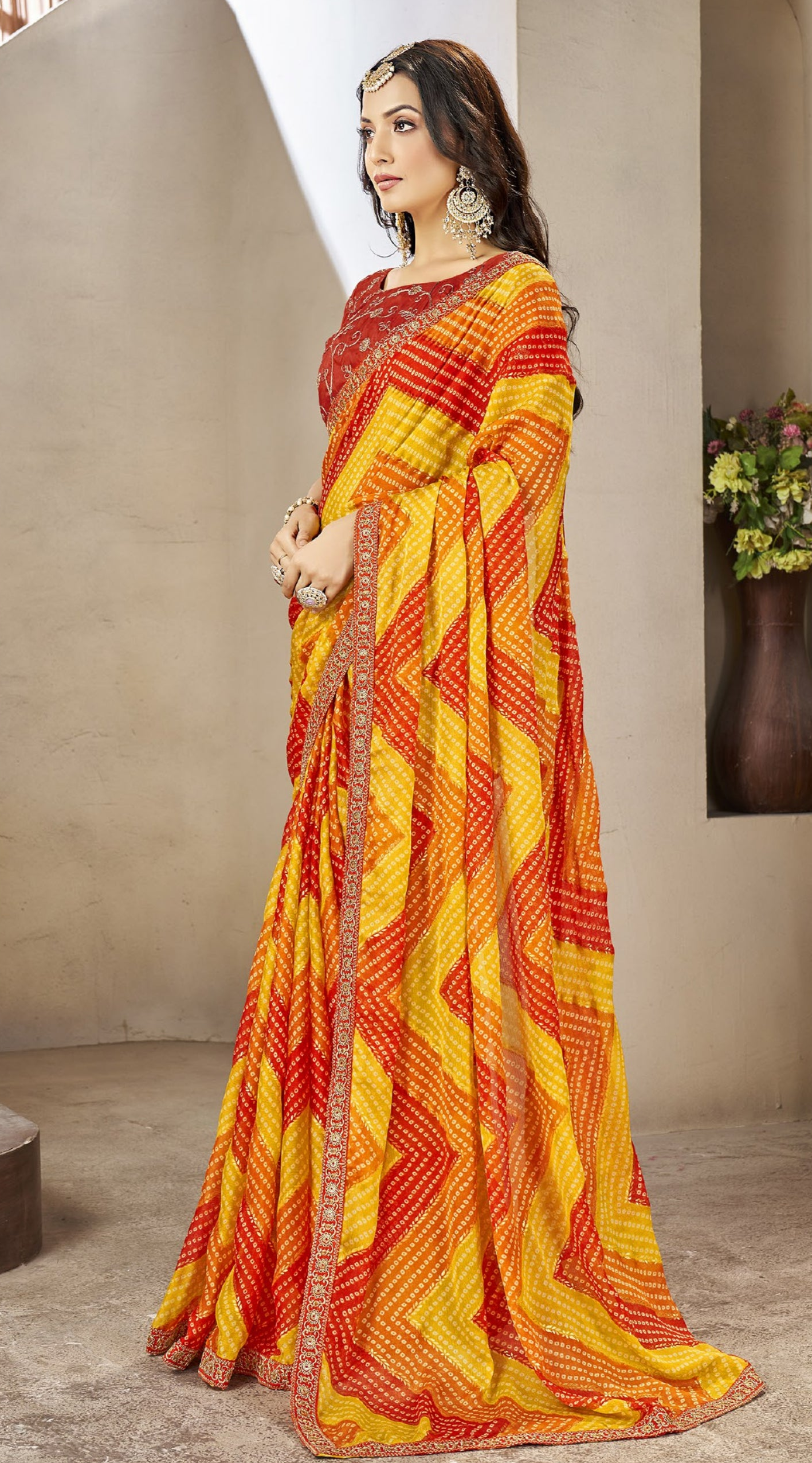 Red And Yellow Leriya Bandhani With Work Blouse