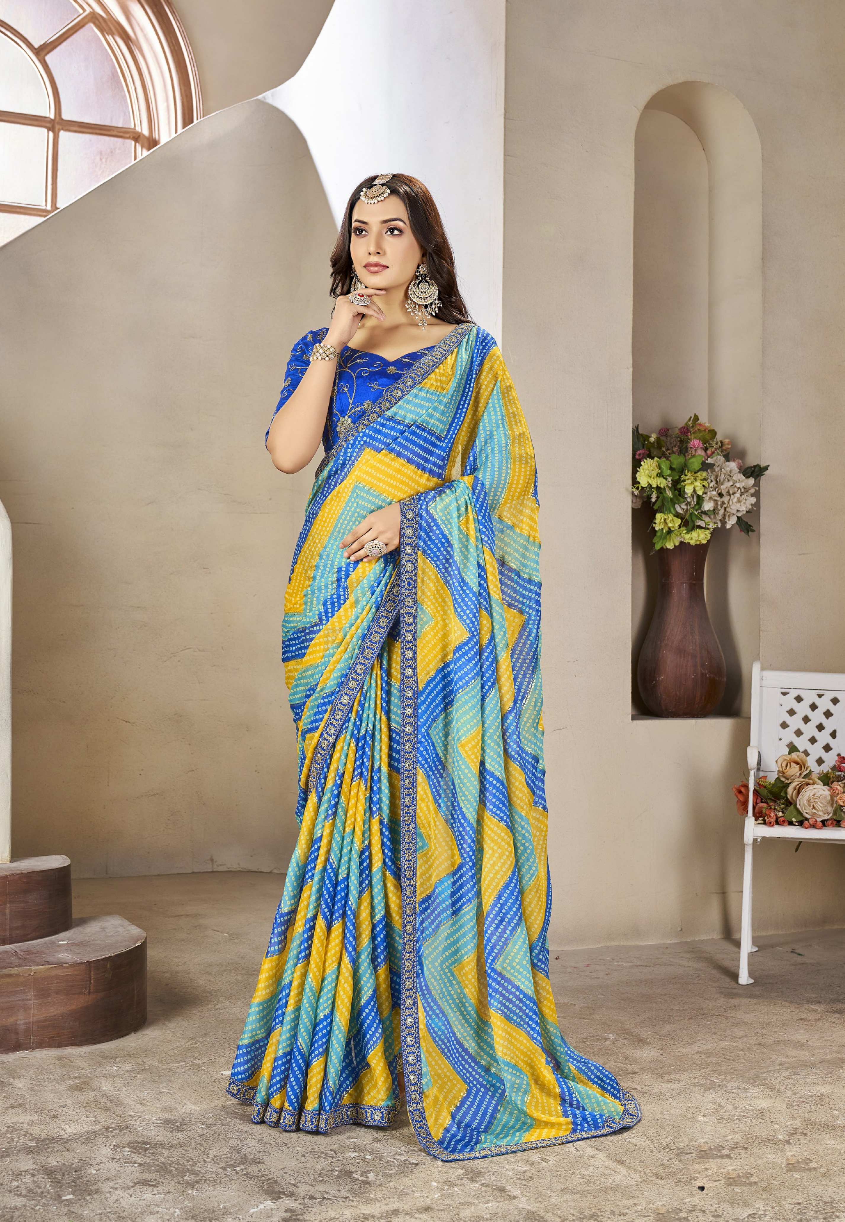 Blue And Yellow Leriya Bandhani With Work Blouse