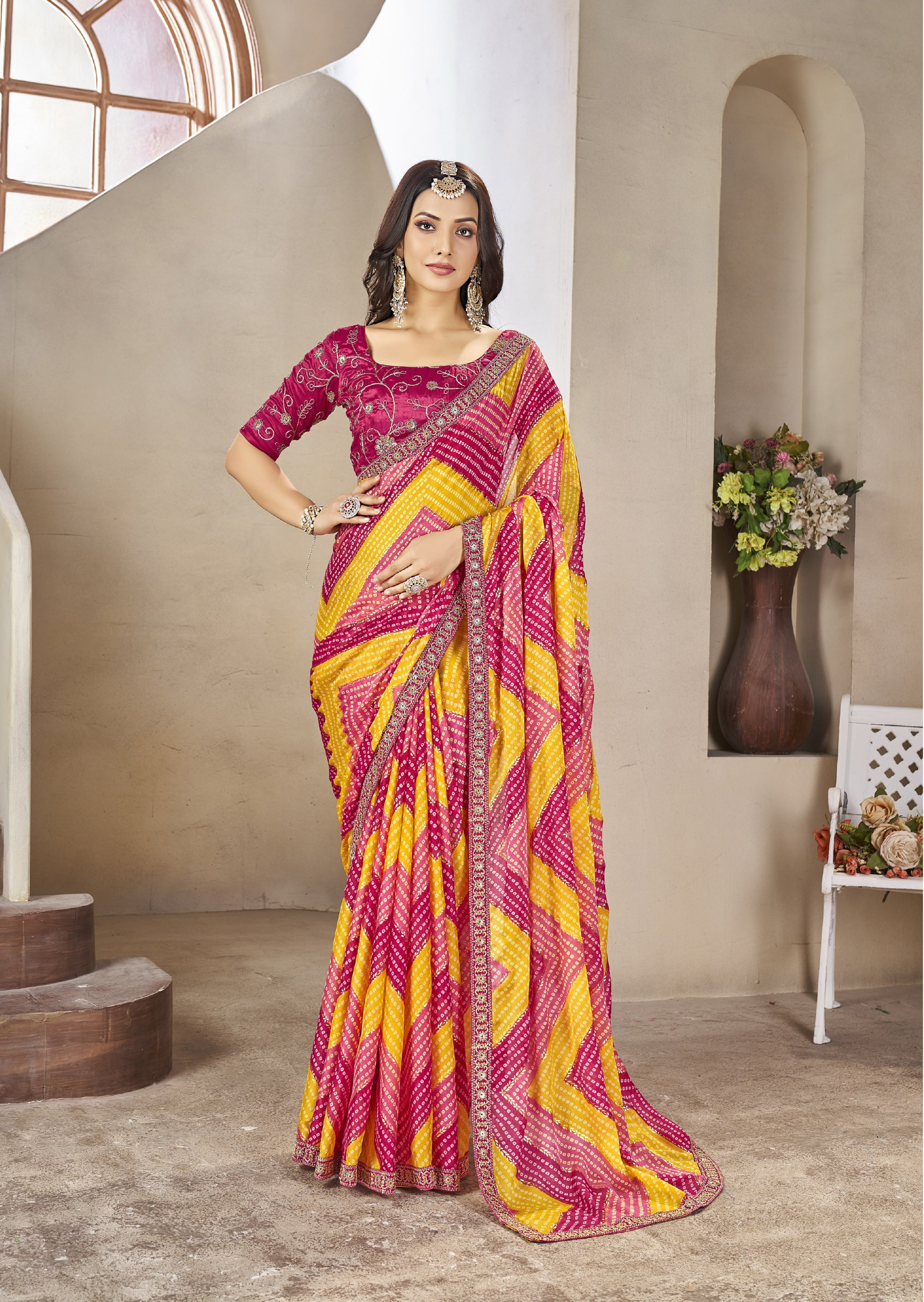 Pink And Yellow Leriya Bandhani With Work Blouse