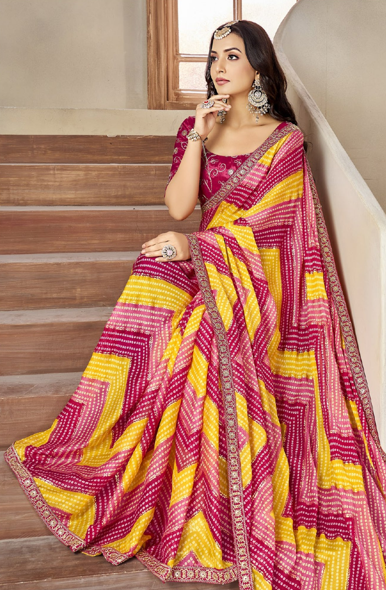 Pink And Yellow Leriya Bandhani With Work Blouse