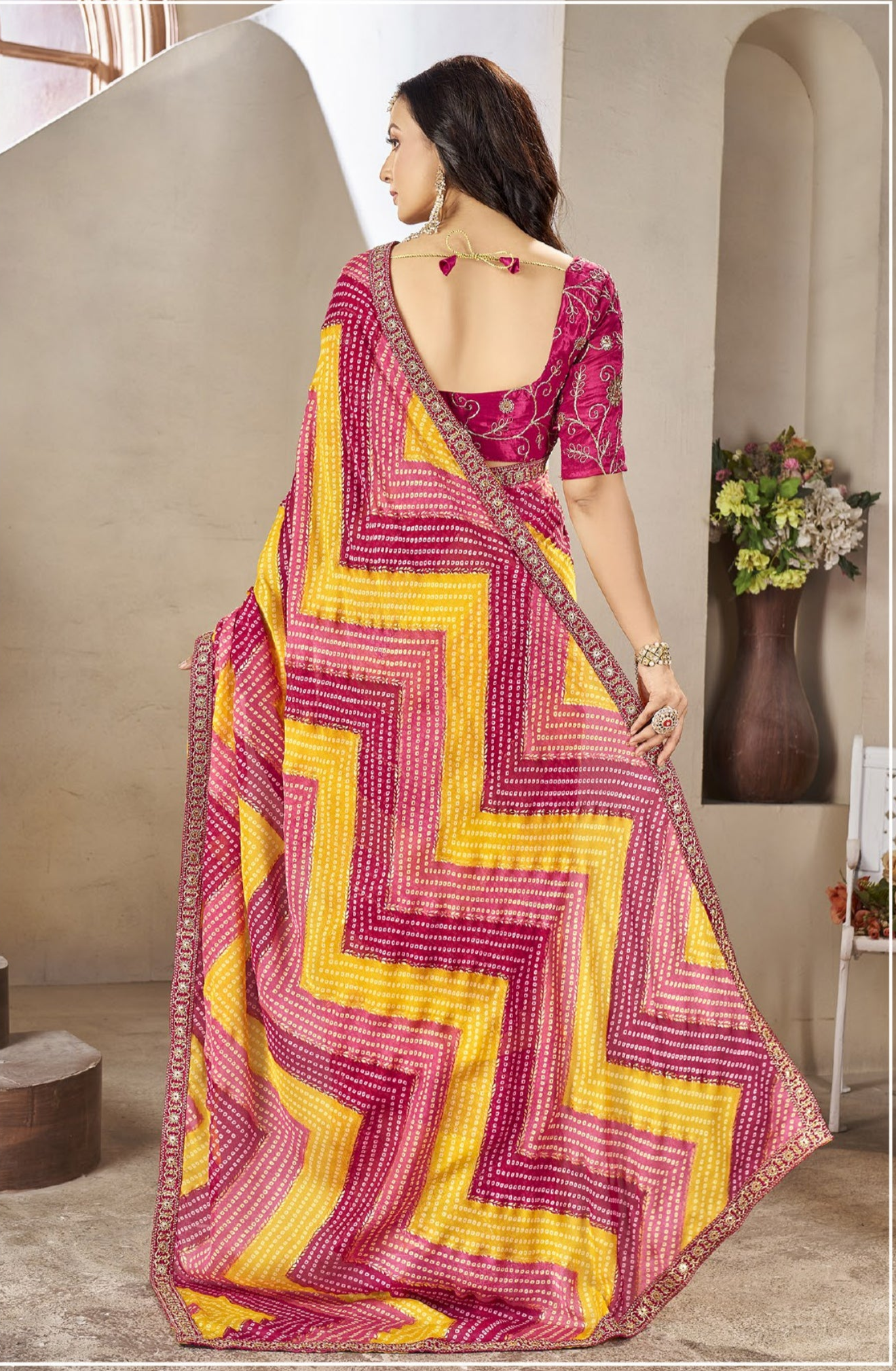 Pink And Yellow Leriya Bandhani With Work Blouse