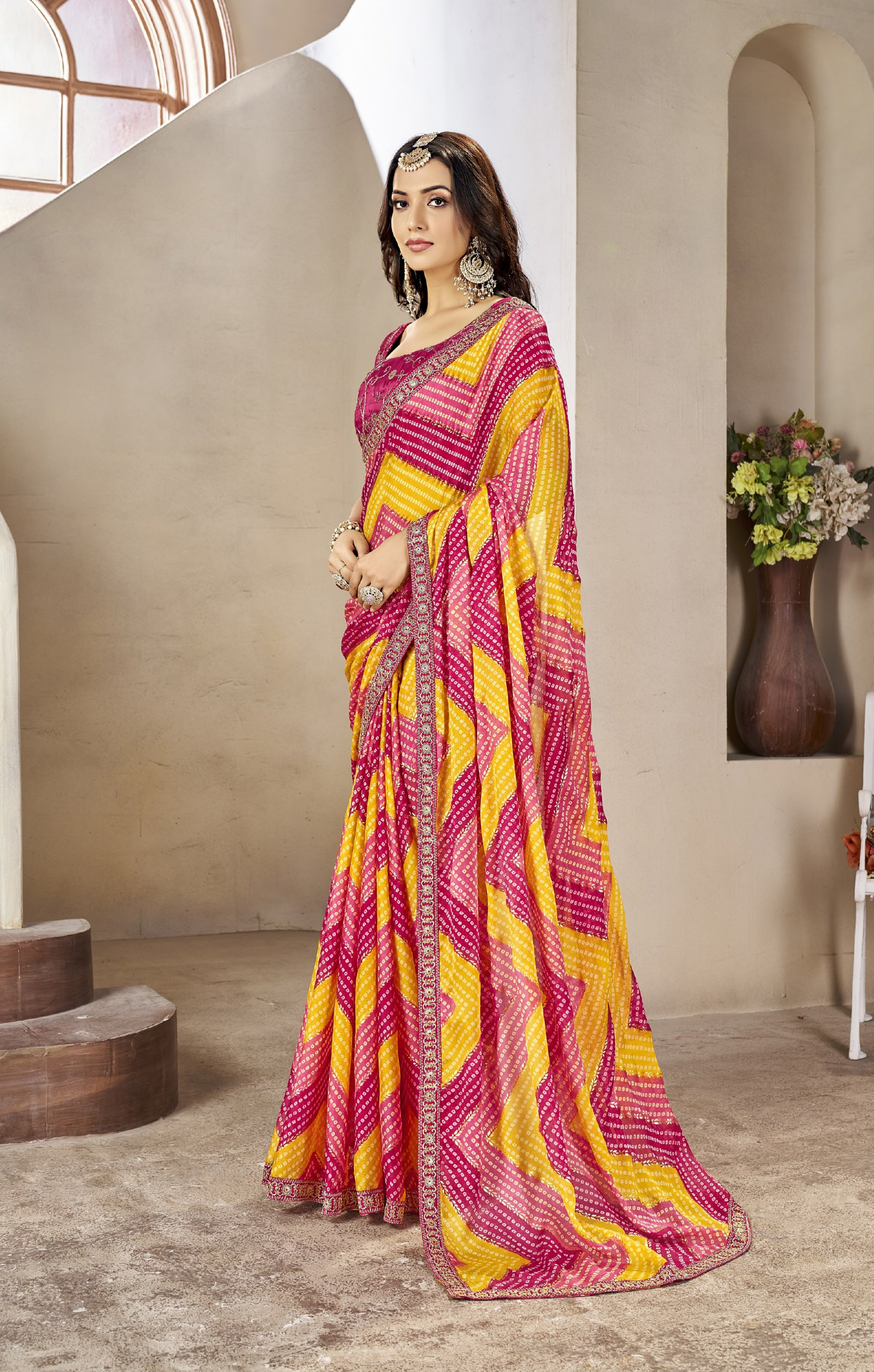 Pink And Yellow Leriya Bandhani With Work Blouse