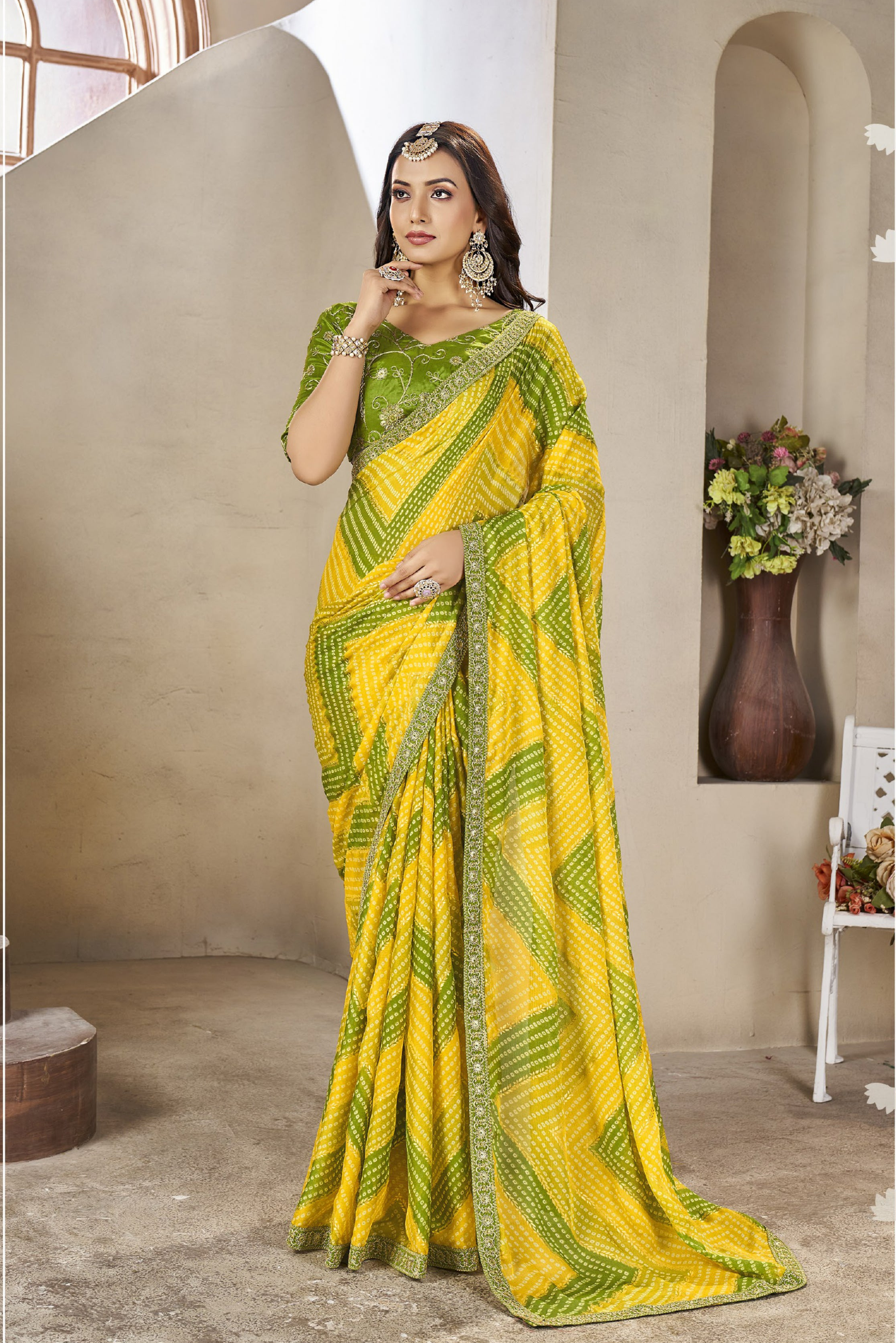 Yellow And Green Leriya Bandhani With Work Blouse