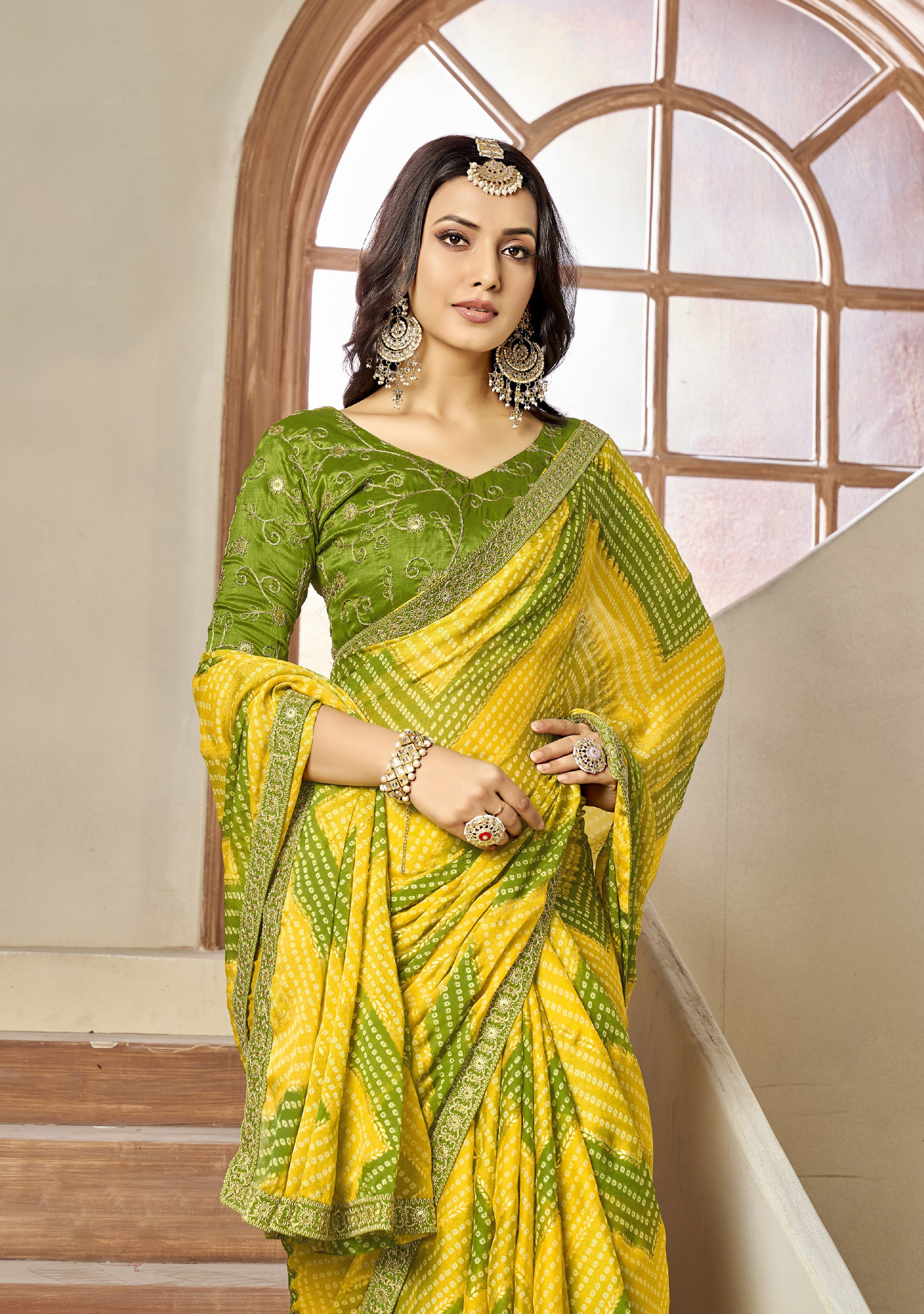 Yellow And Green Leriya Bandhani With Work Blouse