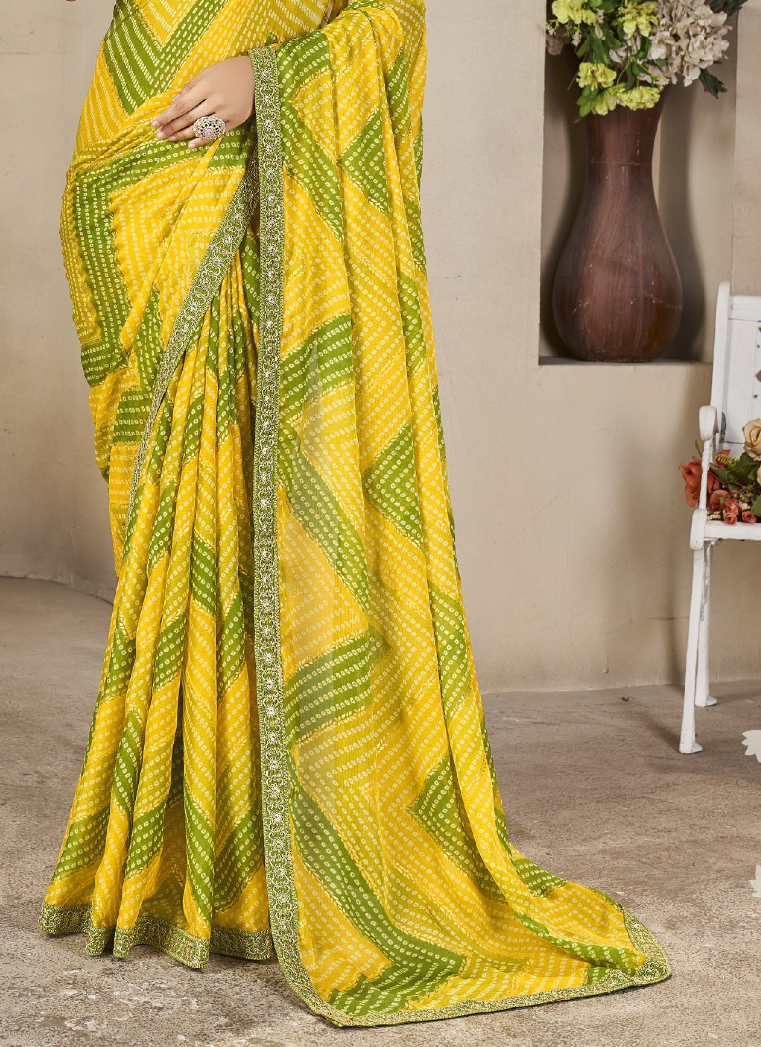 Yellow And Green Leriya Bandhani With Work Blouse