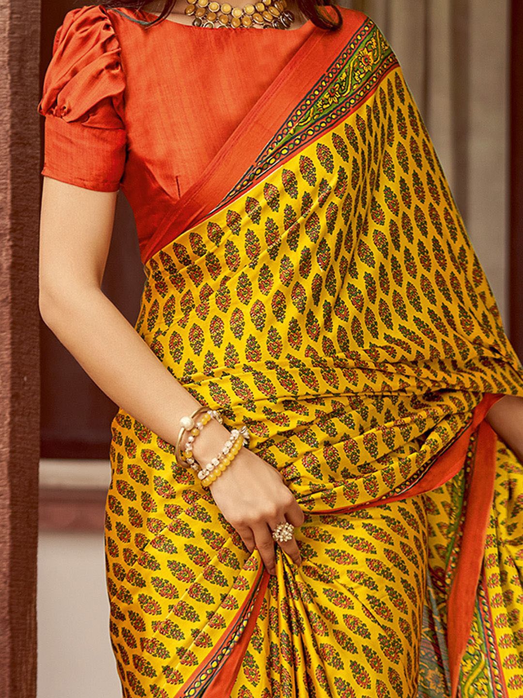 Yellow New Ajrakh Printed Satin Crepe Saree