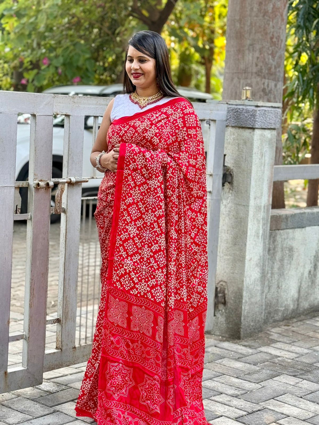 Red Patola Ajrakh Pure Modal Silk Ajrakh Pallu Saree-1