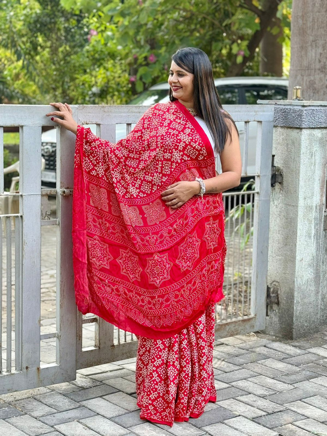 Red Patola Ajrakh Pure Modal Silk Ajrakh Pallu Saree-1