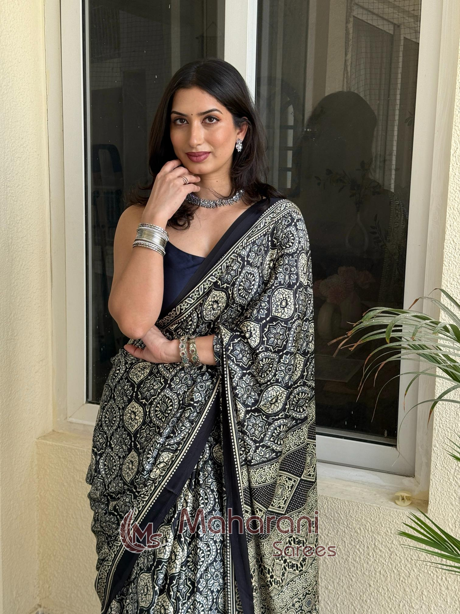 Sable Black Ajrakh Printed Soft Modal Silk Natural Print Saree