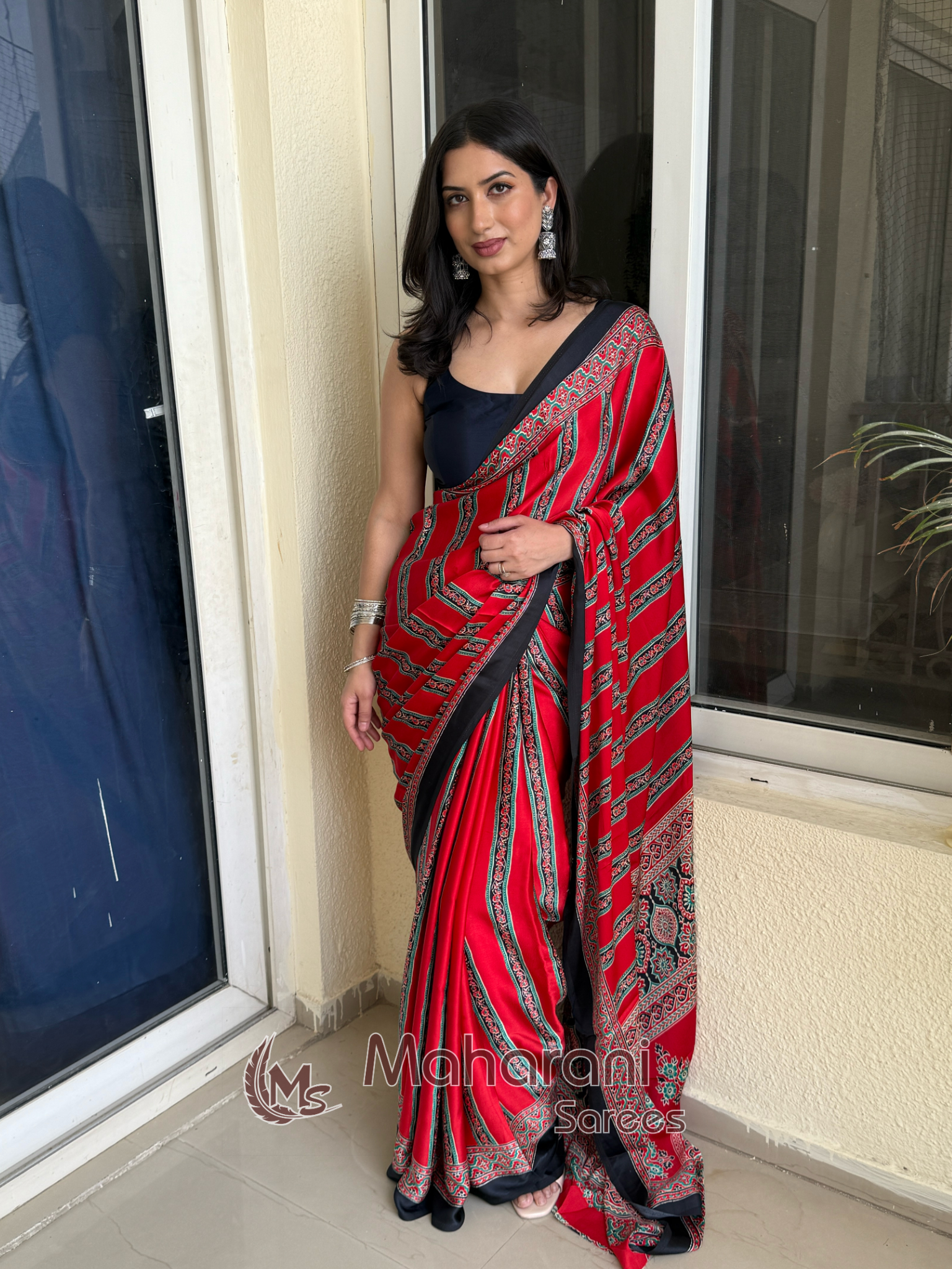 Rosewood Striped Ajrakh Hand-Printed Modal Silk Saree