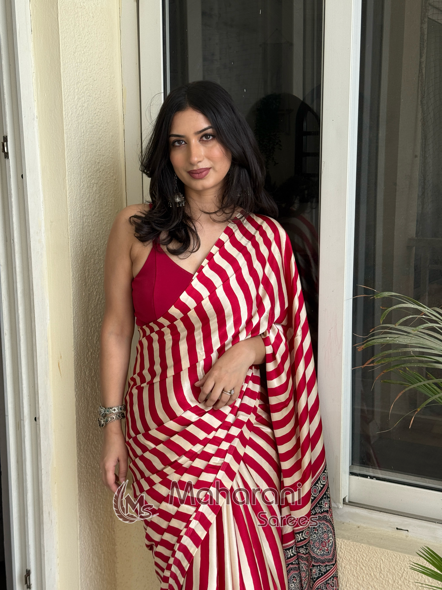 Redish Maroon Striped Ajrakh Hand-Printed Modal Silk Saree