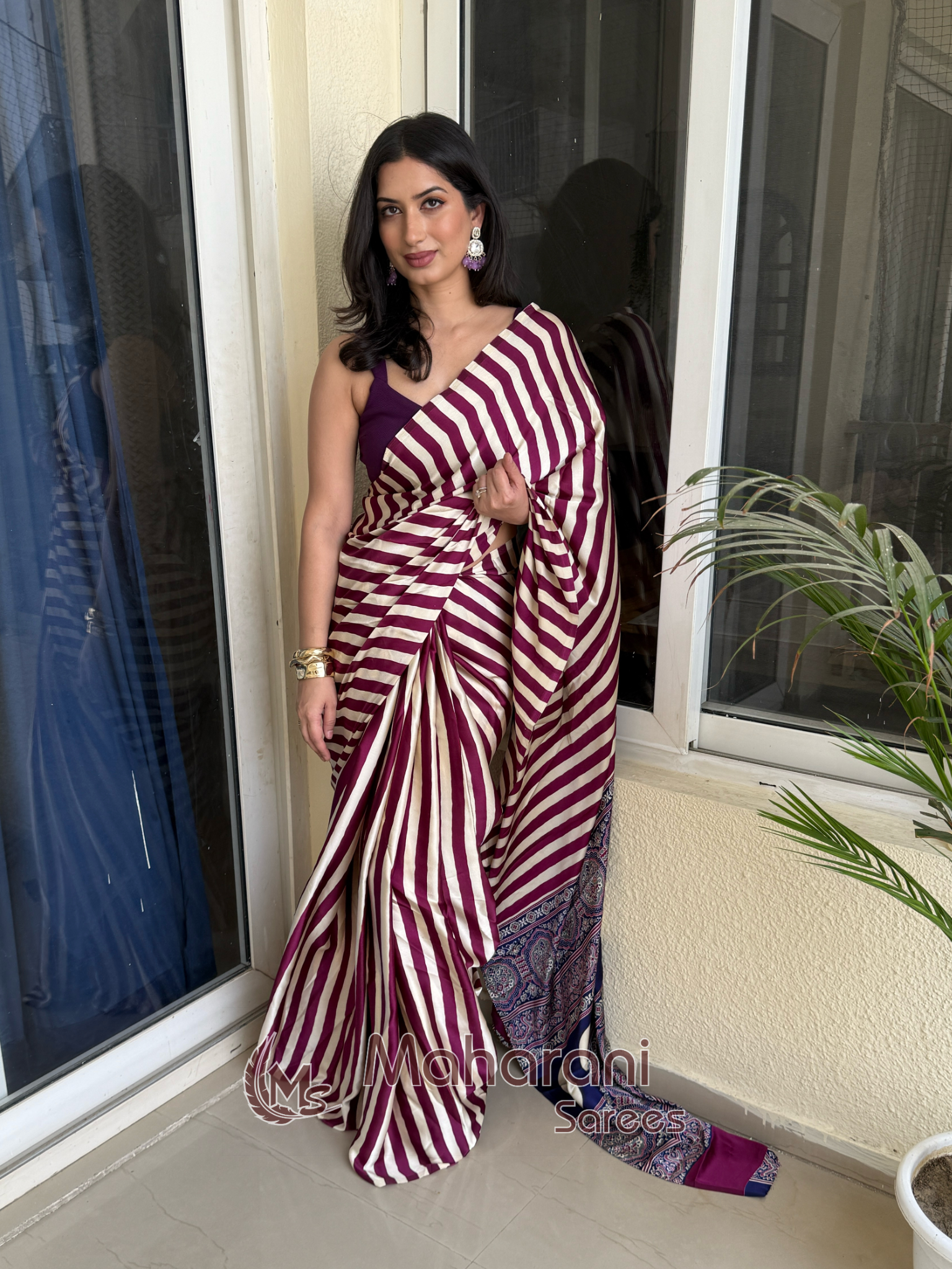 Cosmic Purple Striped Ajrakh Hand-Printed Modal Silk Saree