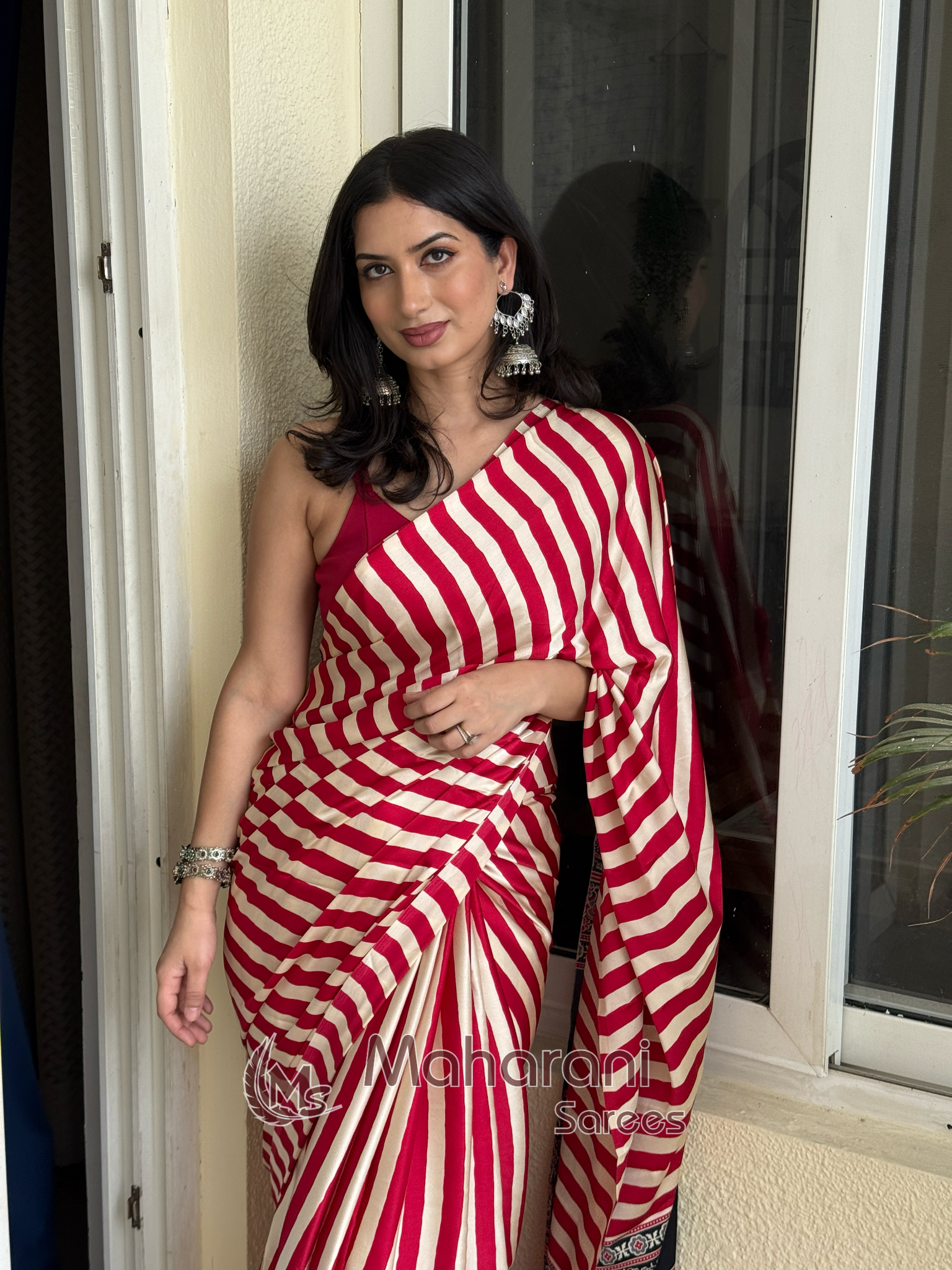 Redish Maroon Striped Ajrakh Hand-Printed Modal Silk Saree