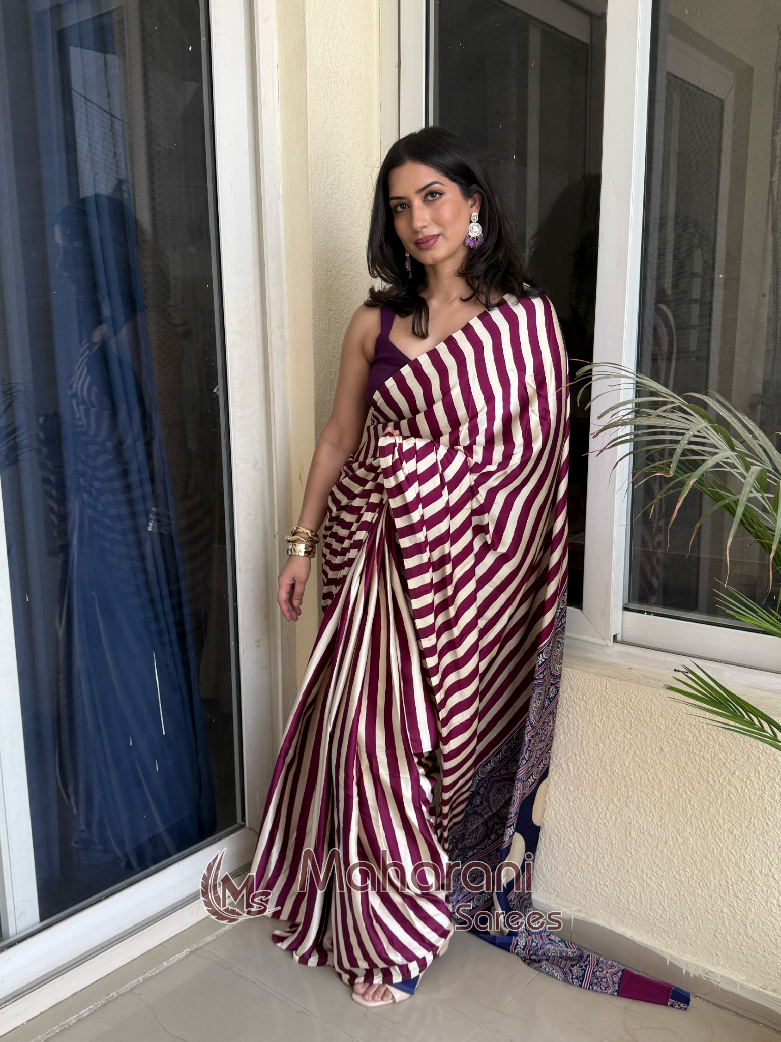 Cosmic Purple Striped Ajrakh Hand-Printed Modal Silk Saree