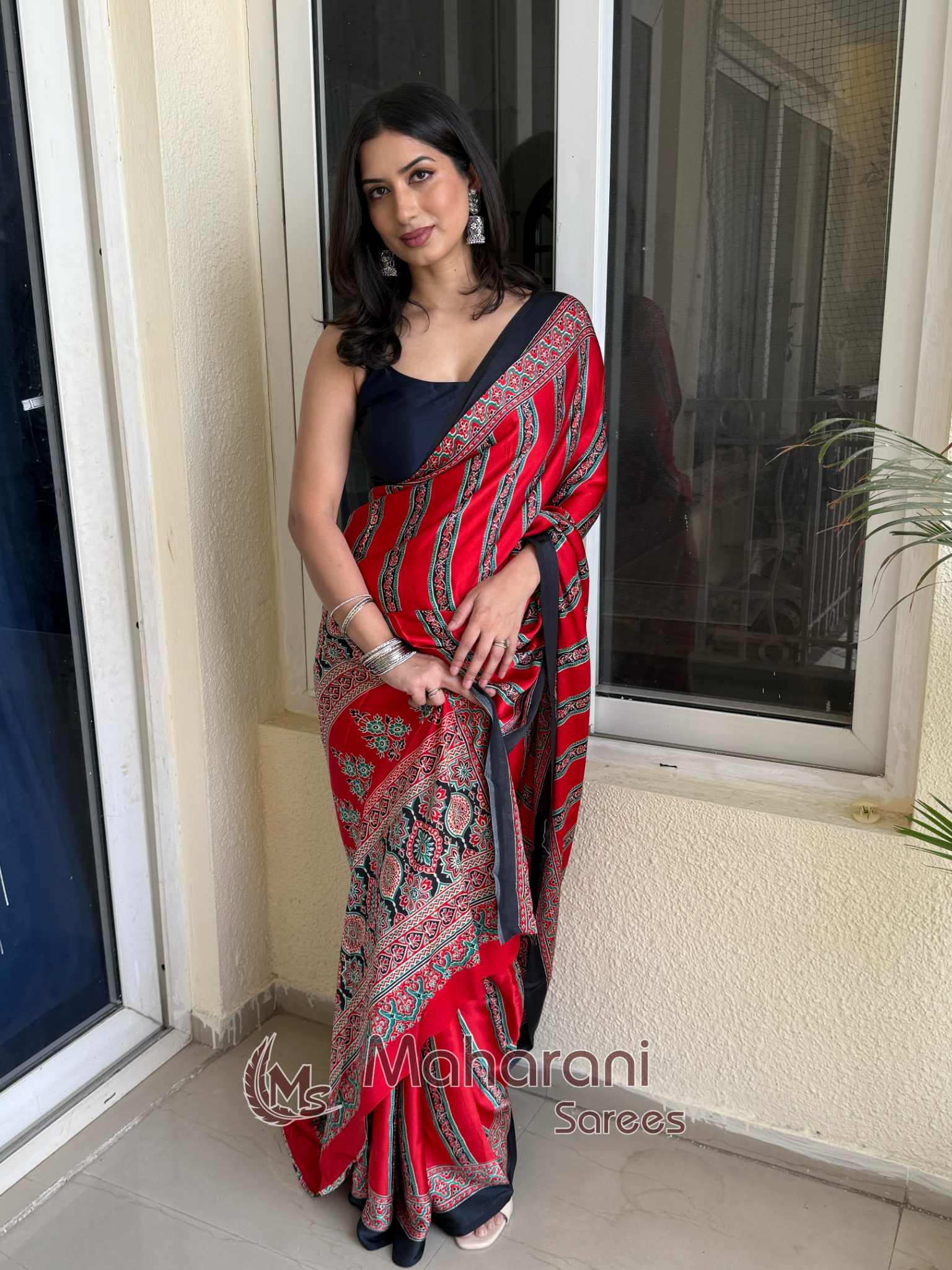 Rosewood Striped Ajrakh Hand-Printed Modal Silk Saree