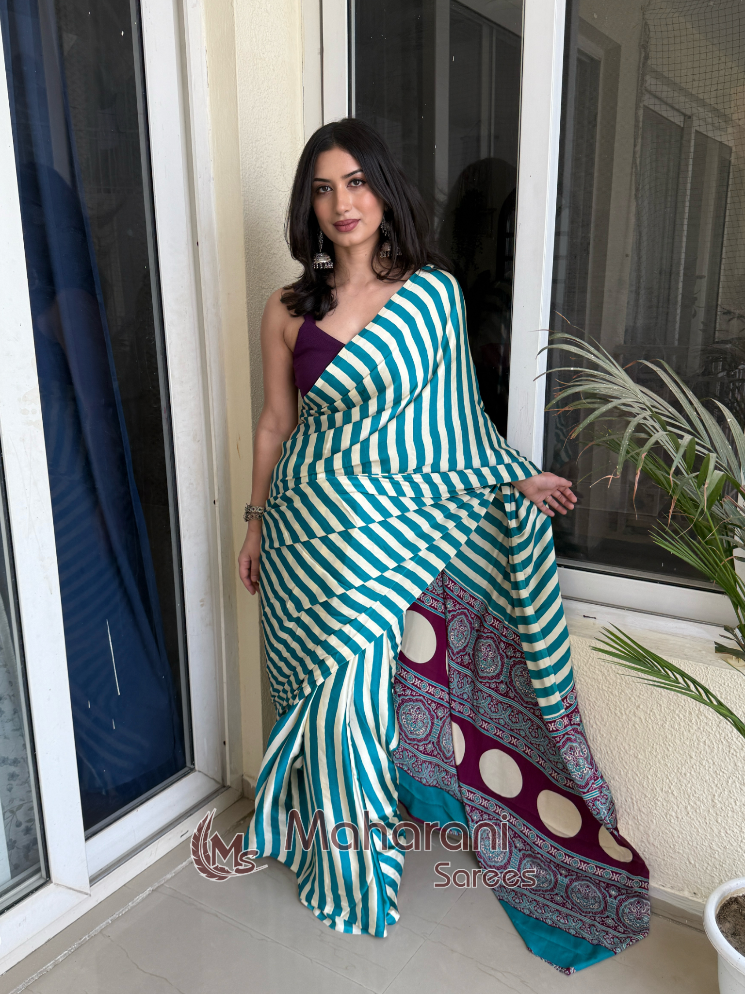Deep Aqua Striped Ajrakh Hand-Printed Modal Silk Saree