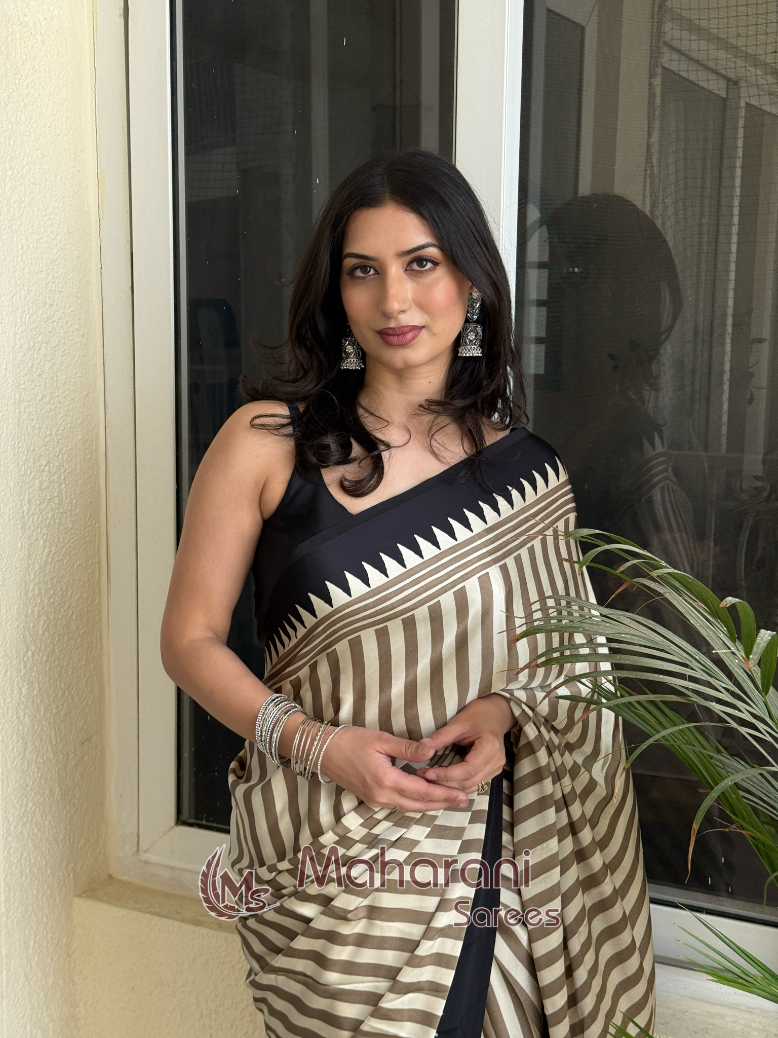 Creamy With Black Border Ajrakh Hand-Printed Modal Silk Saree
