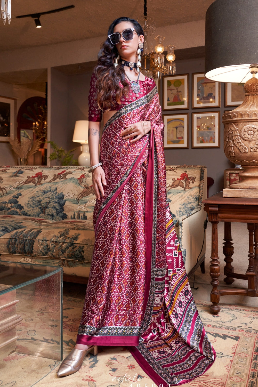 Cherry Maroon Ajrakh Patola Printed Satin Crepe Saree