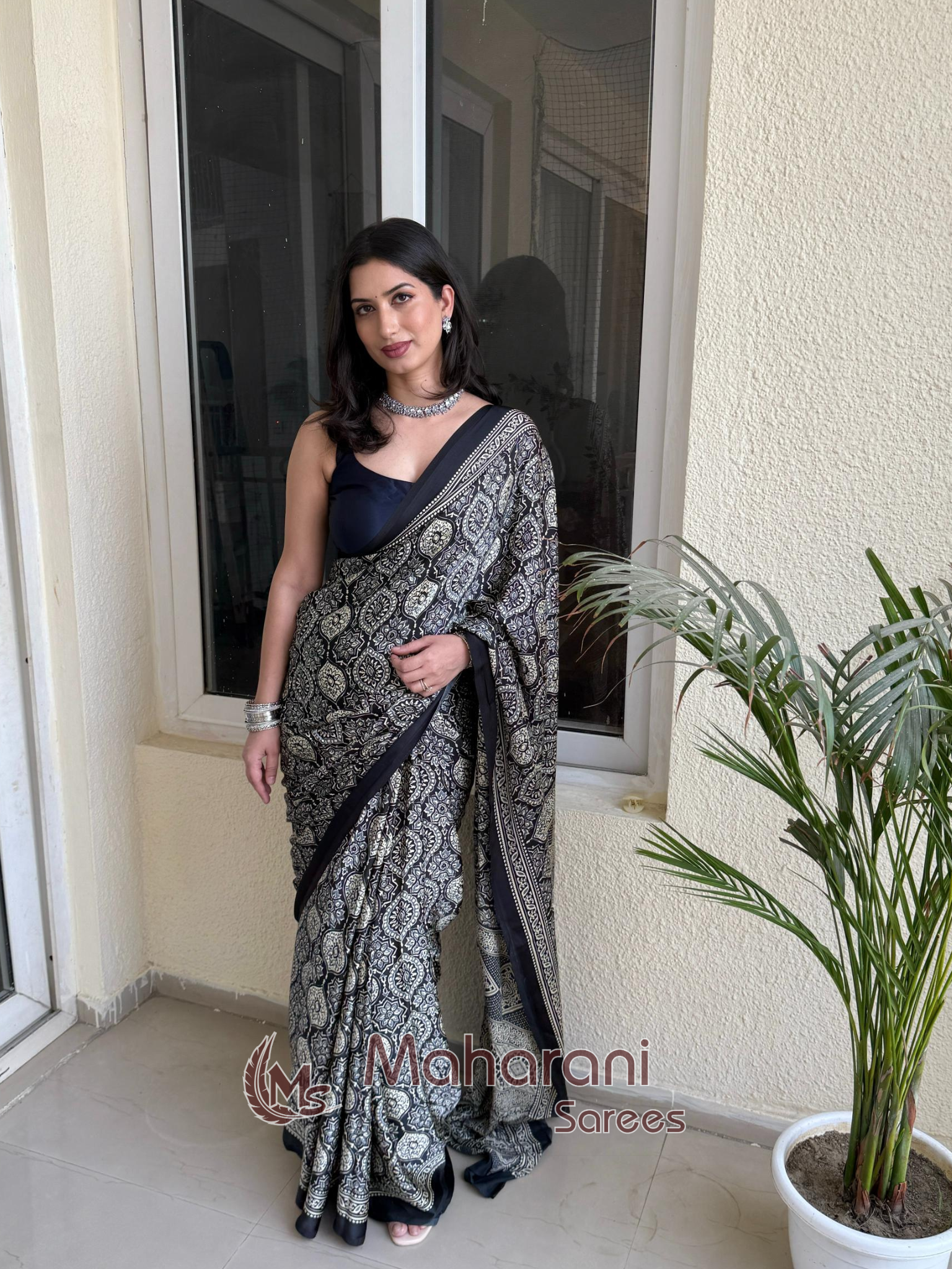 Sable Black Ajrakh Printed Soft Modal Silk Natural Print Saree