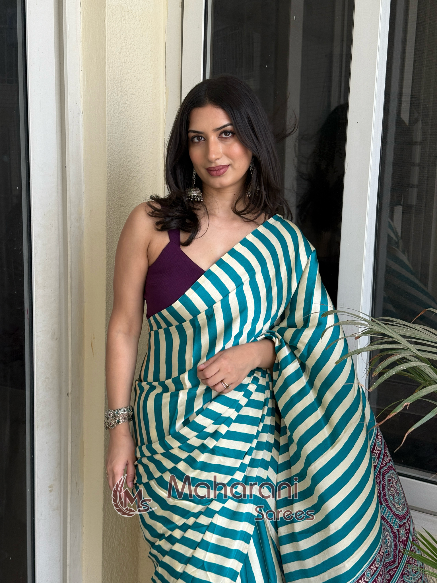 Deep Aqua Striped Ajrakh Hand-Printed Modal Silk Saree