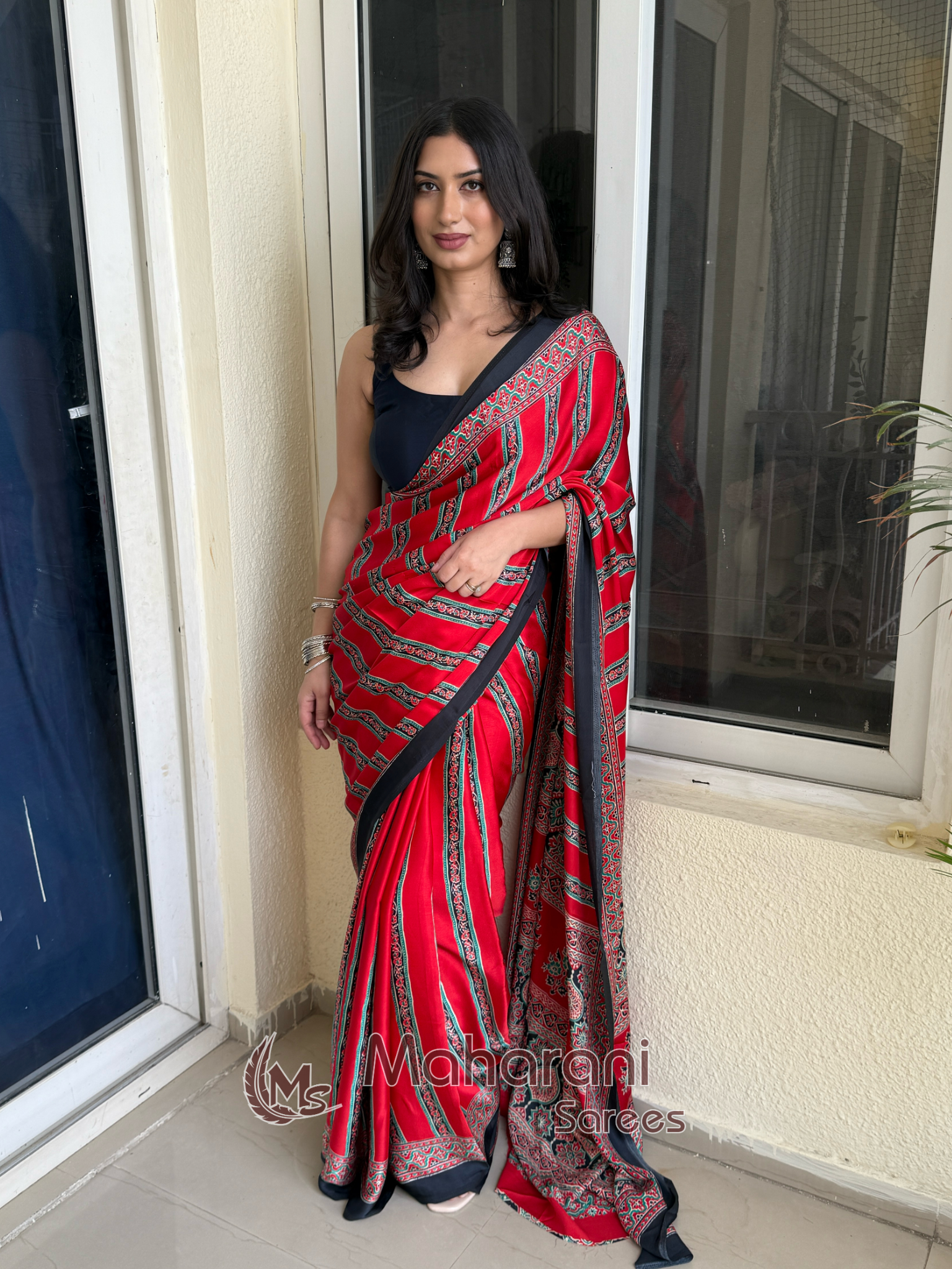 Rosewood Striped Ajrakh Hand-Printed Modal Silk Saree