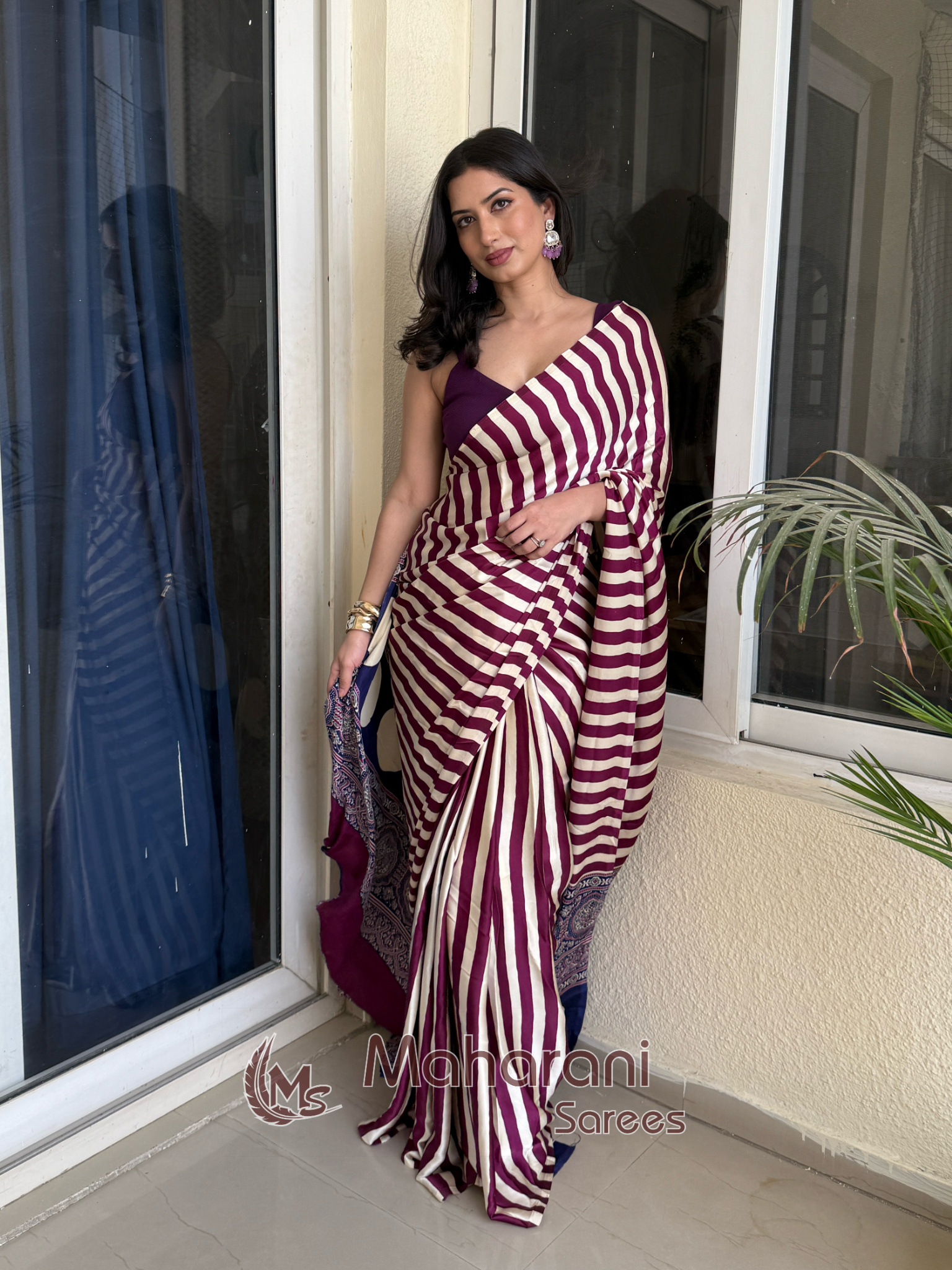 Cosmic Purple Striped Ajrakh Hand-Printed Modal Silk Saree