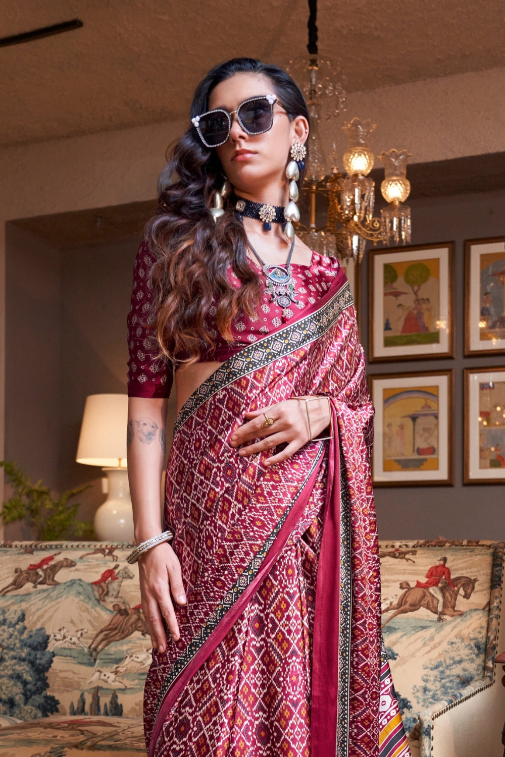 Cherry Maroon Ajrakh Patola Printed Satin Crepe Saree