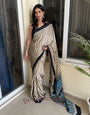 Creamy With Black Border Ajrakh Hand-Printed Modal Silk Saree