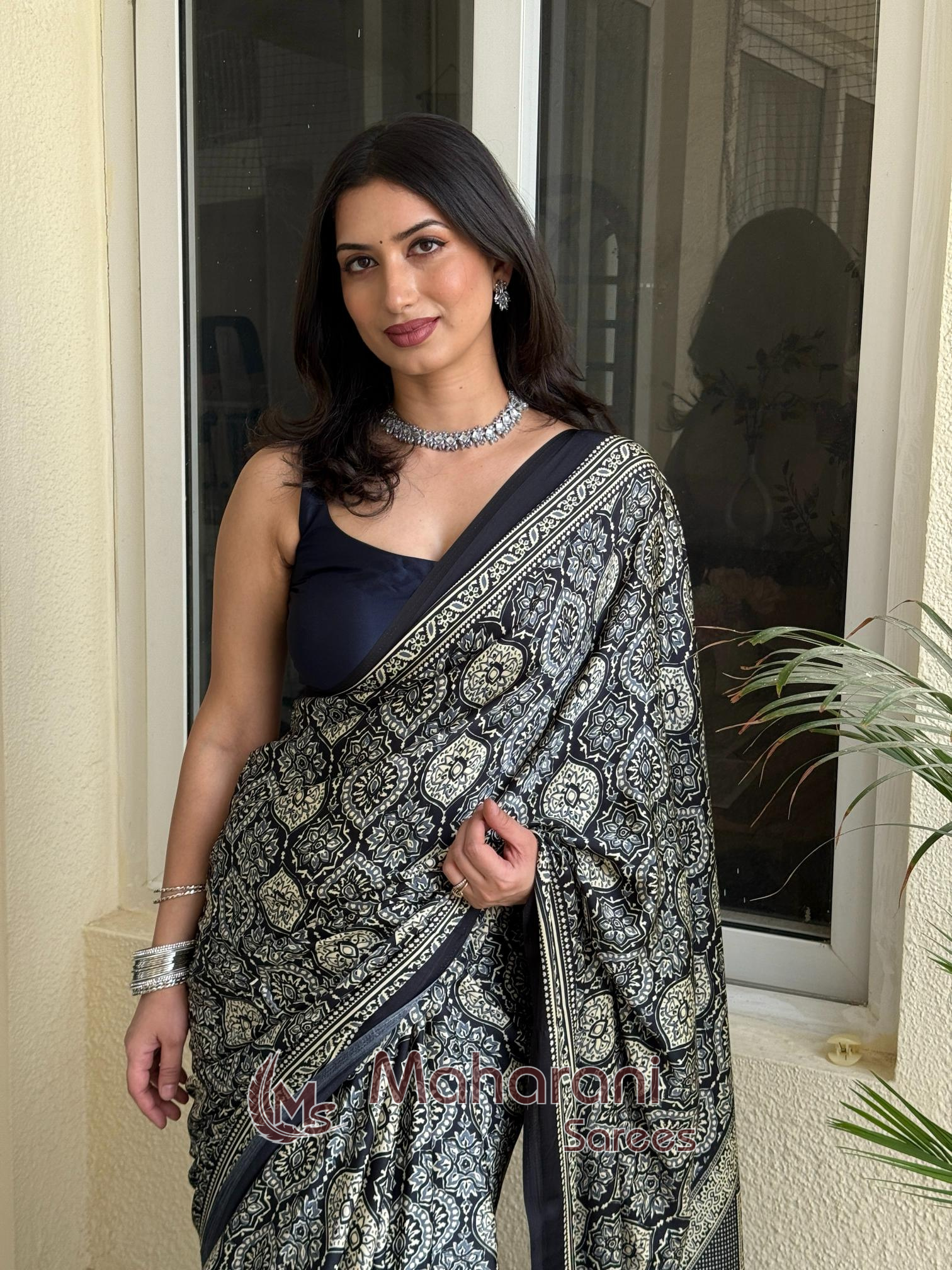 Sable Black Ajrakh Printed Soft Modal Silk Natural Print Saree