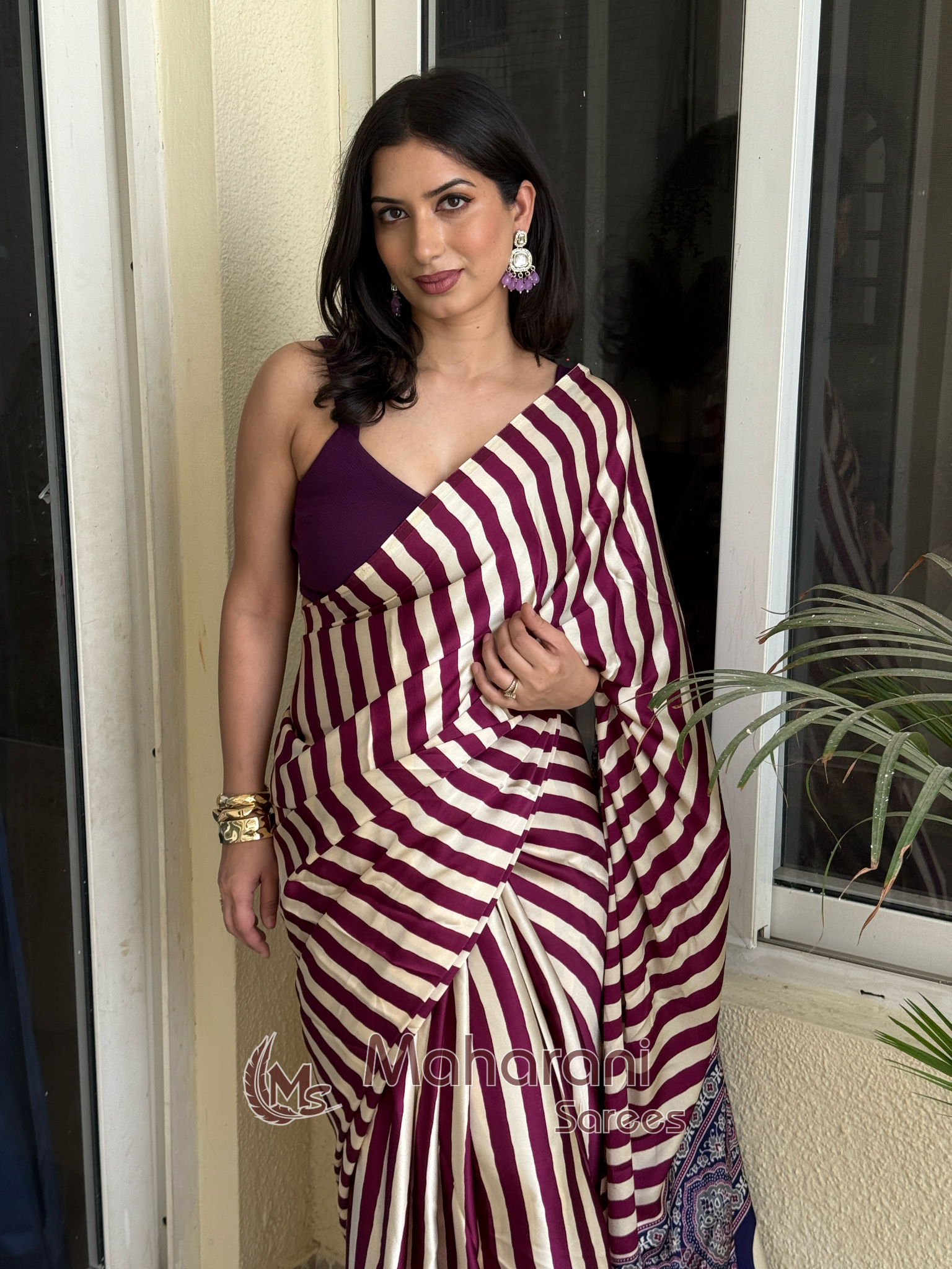 Cosmic Purple Striped Ajrakh Hand-Printed Modal Silk Saree
