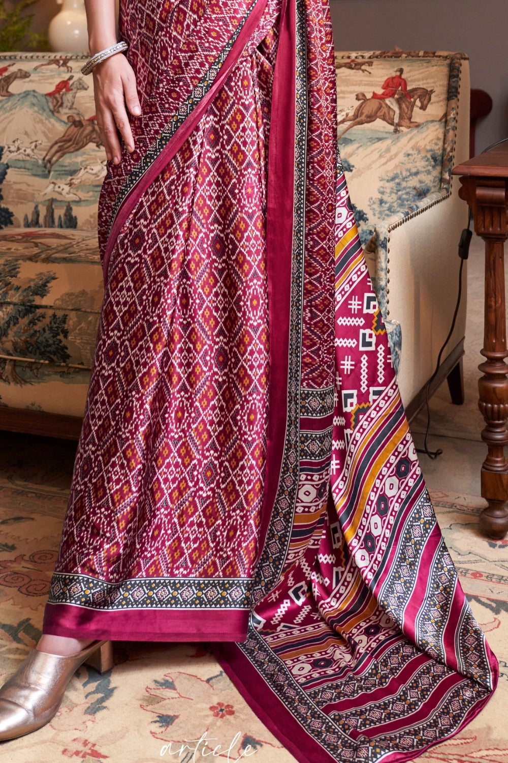 Cherry Maroon Ajrakh Patola Printed Satin Crepe Saree