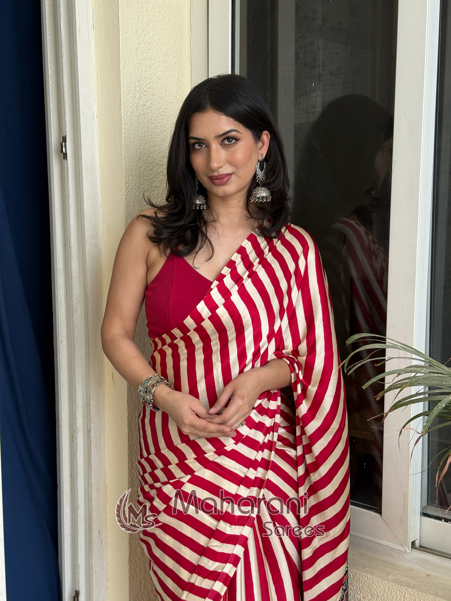Redish Maroon Striped Ajrakh Hand-Printed Modal Silk Saree