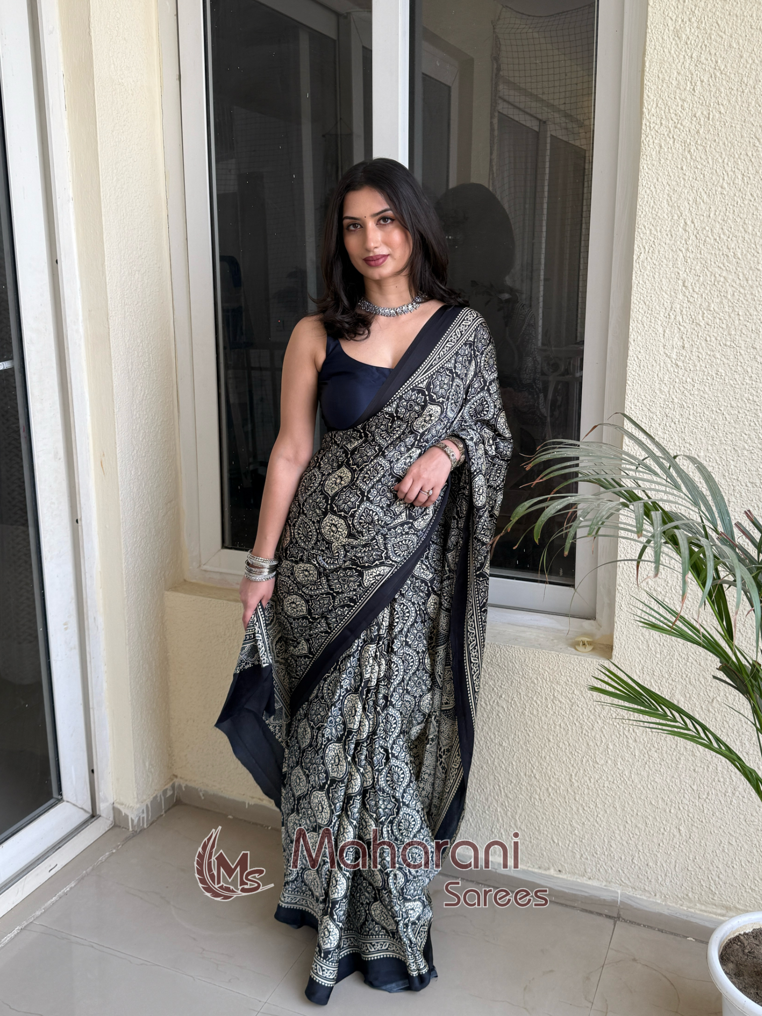 Sable Black Ajrakh Printed Soft Modal Silk Natural Print Saree