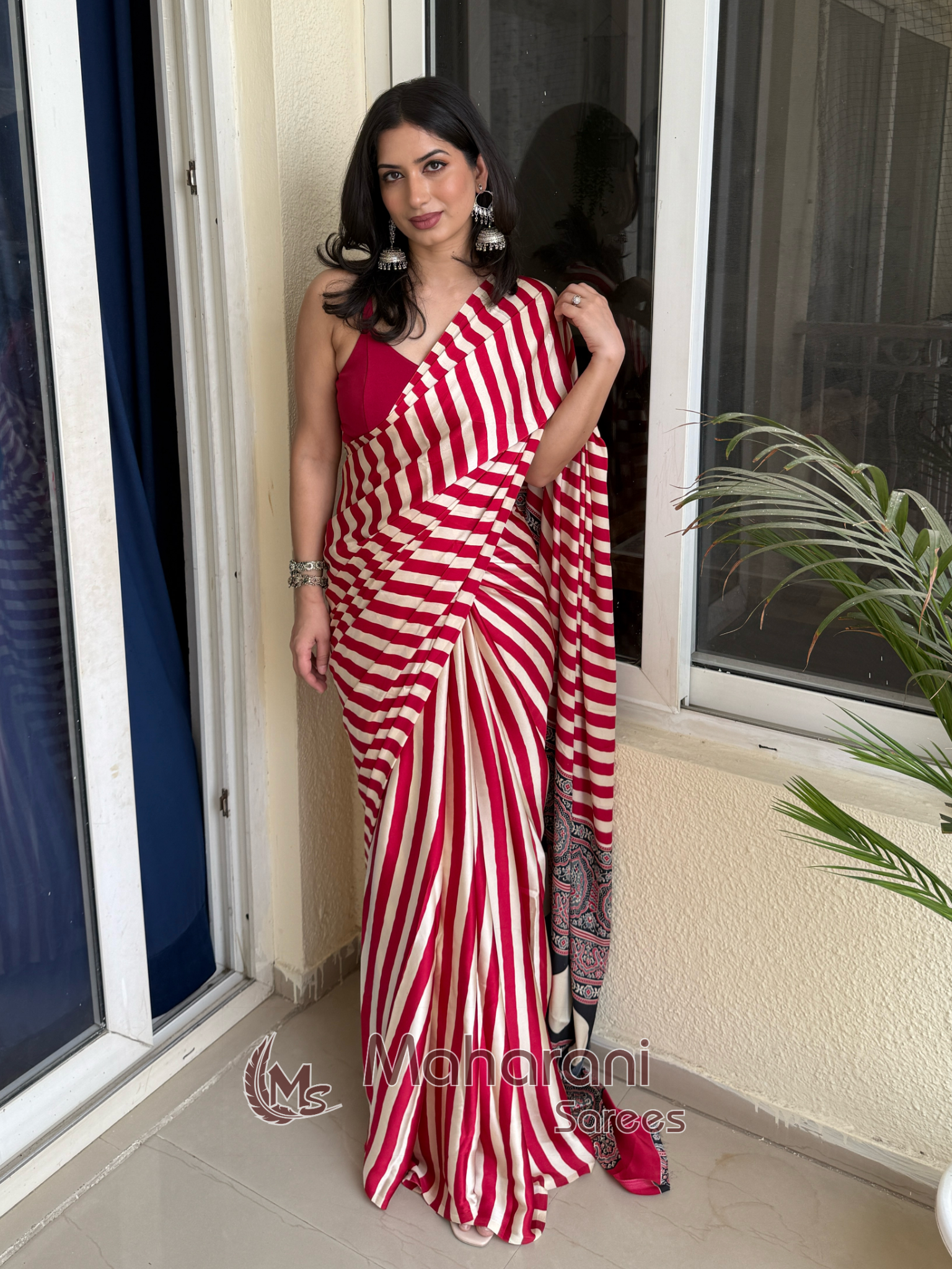 Redish Maroon Striped Ajrakh Hand-Printed Modal Silk Saree
