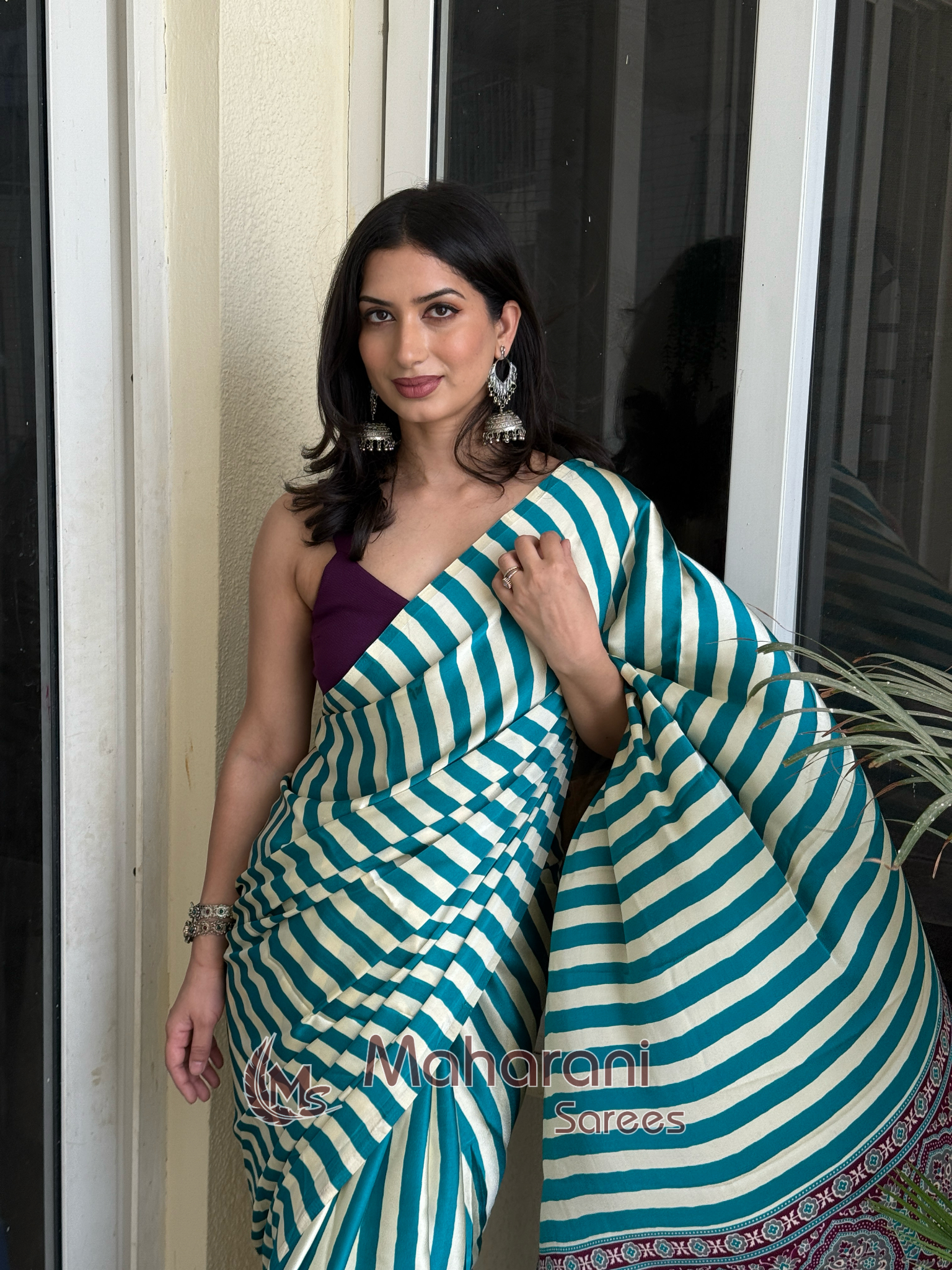 Deep Aqua Striped Ajrakh Hand-Printed Modal Silk Saree