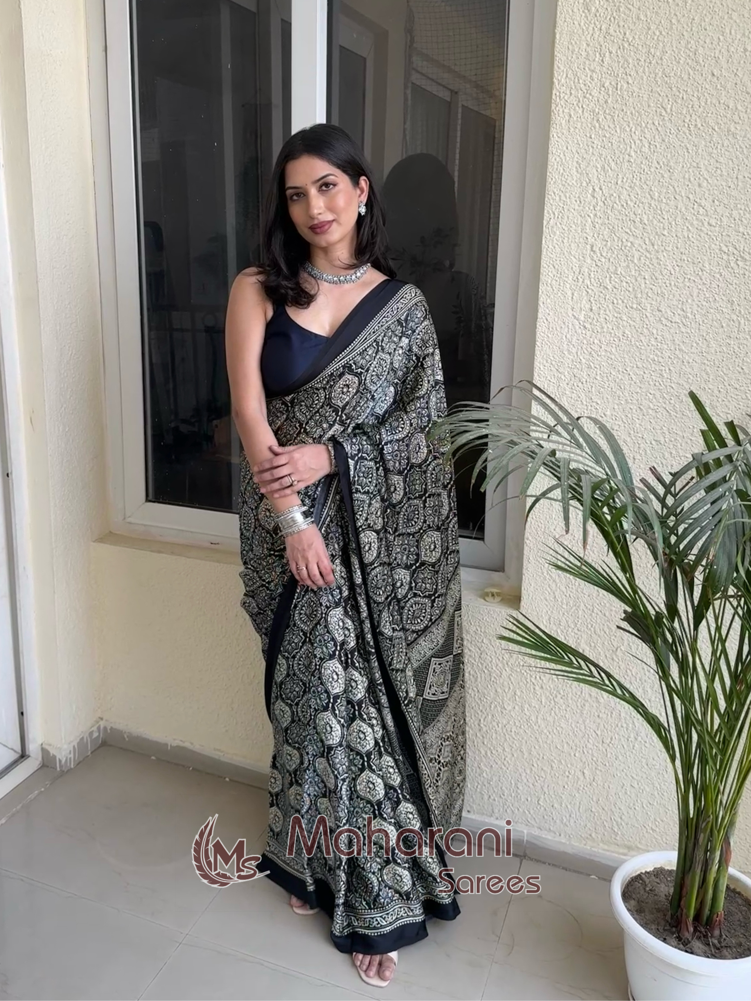 Sable Black Ajrakh Printed Soft Modal Silk Natural Print Saree