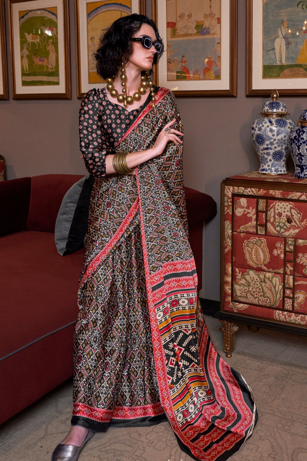 Jet Black And Red Ajrakh Patola Printed Satin Crepe Saree