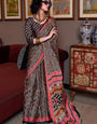 Jet Black And Red Ajrakh Patola Printed Satin Crepe Saree