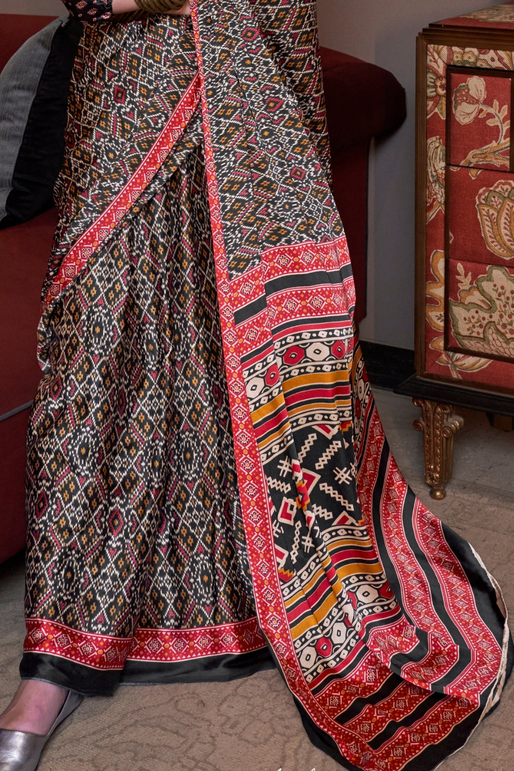 Jet Black And Red Ajrakh Patola Printed Satin Crepe Saree