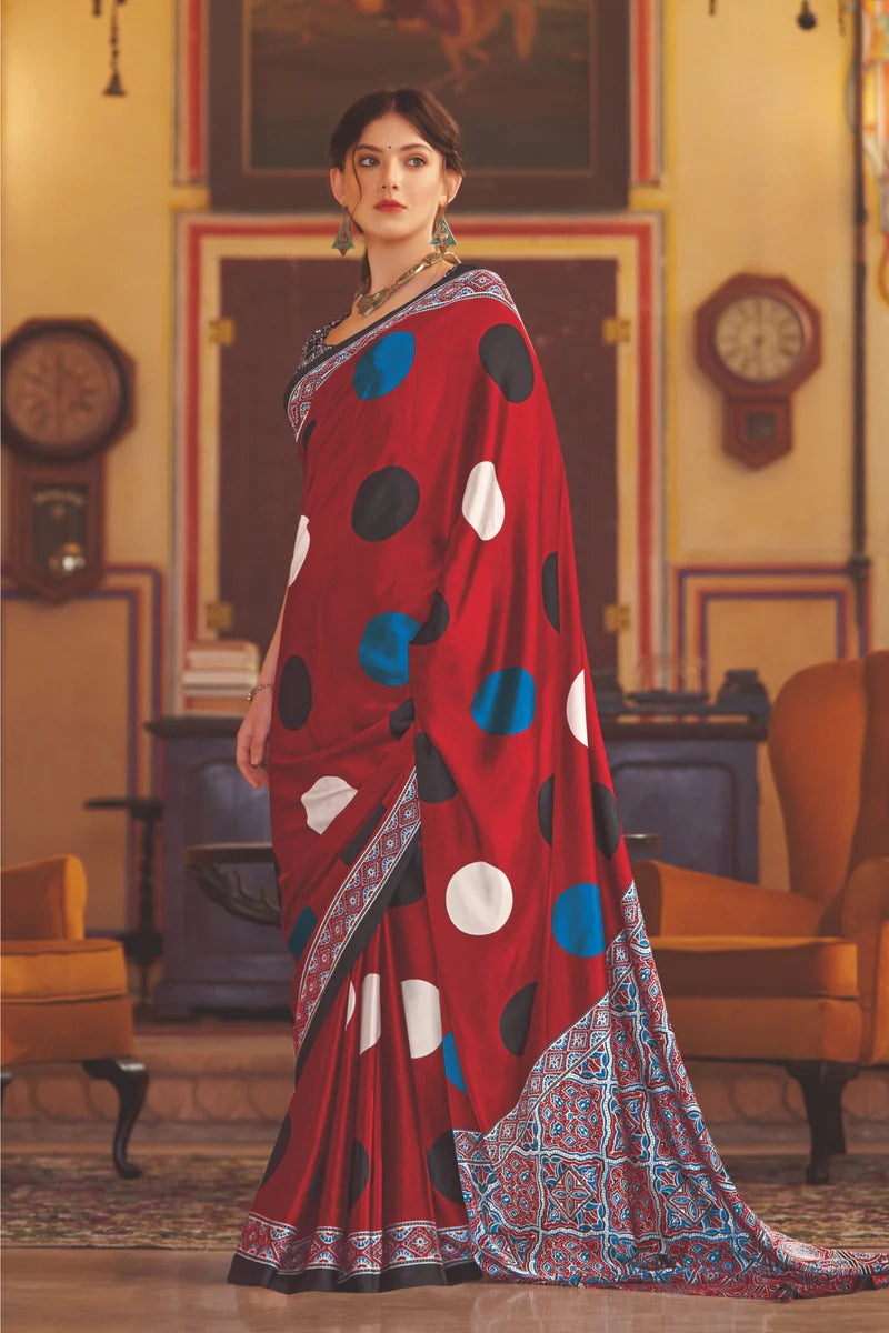 Red New Ajrakh Printed Satin Crepe Saree